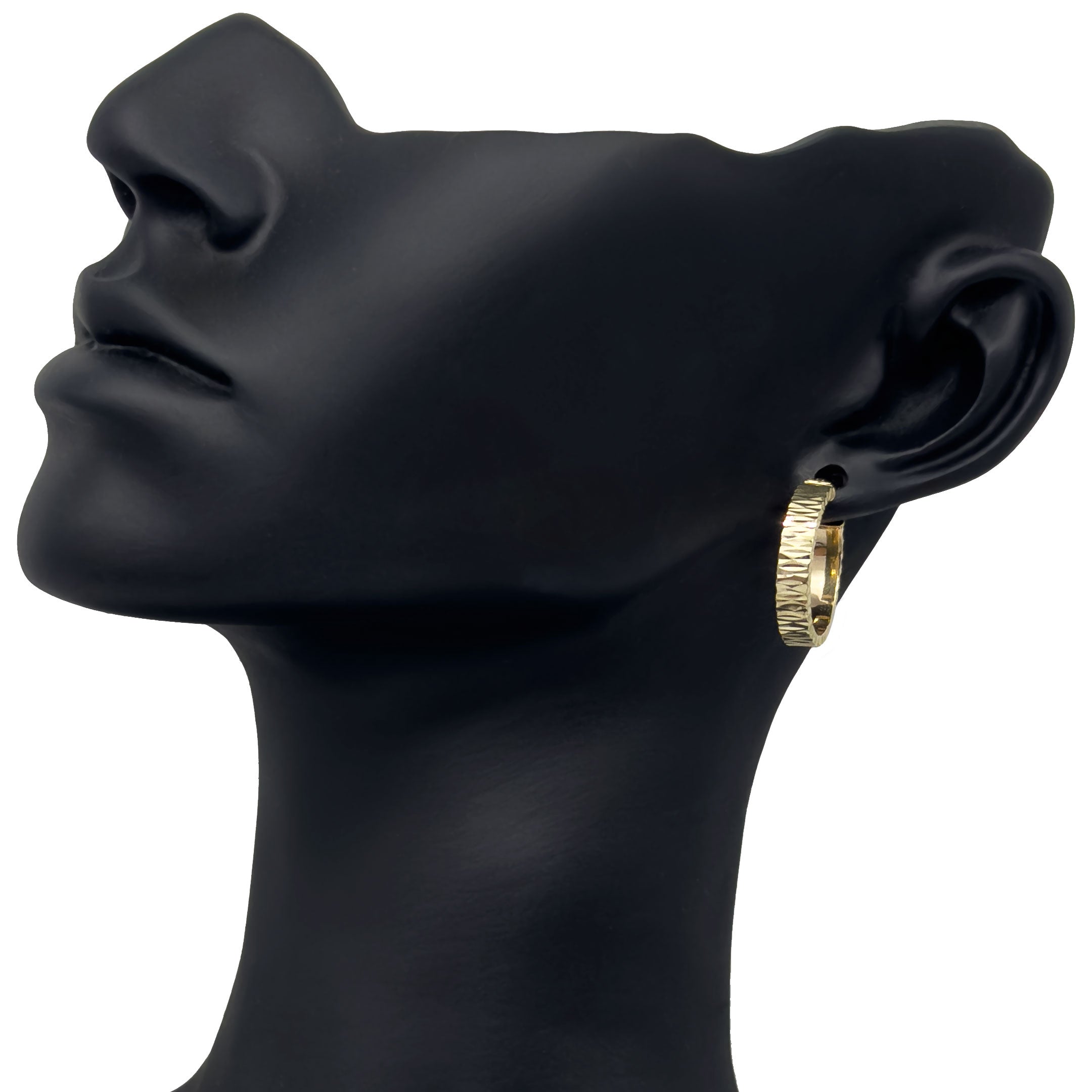 Gold diamond cut hoop earring on a black mannequin head