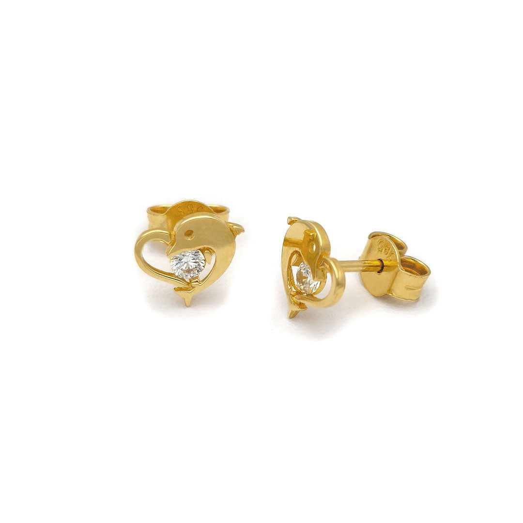 14k CZ Dolphin & Heart Outline Stud Earrings Side