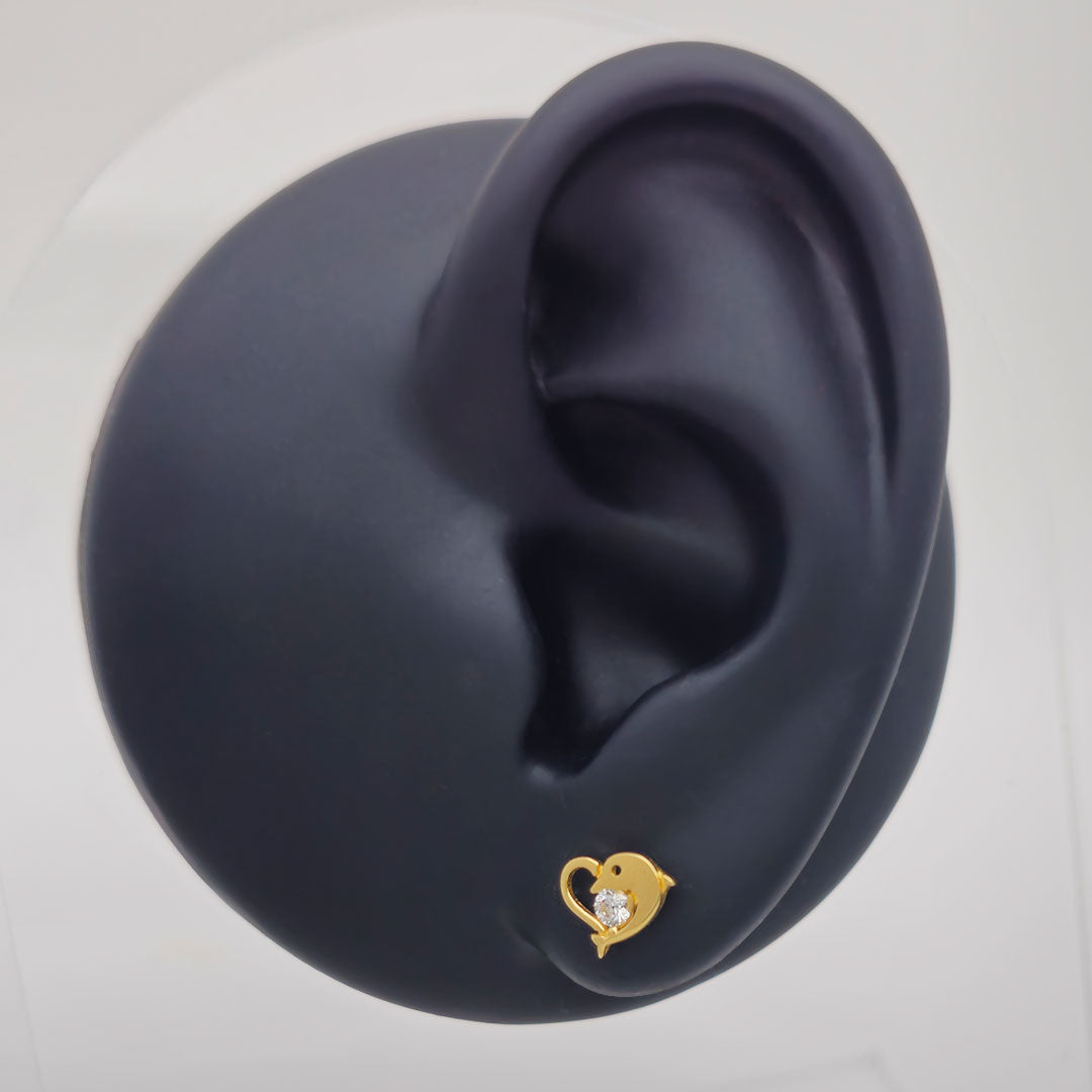 14k CZ Dolphin & Heart Outline Stud Earrings on Ear Display