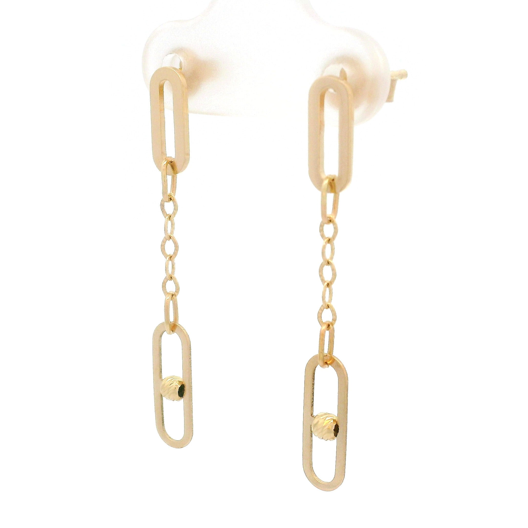 14k yellow gold double cable link hanging earrings side angle on white background