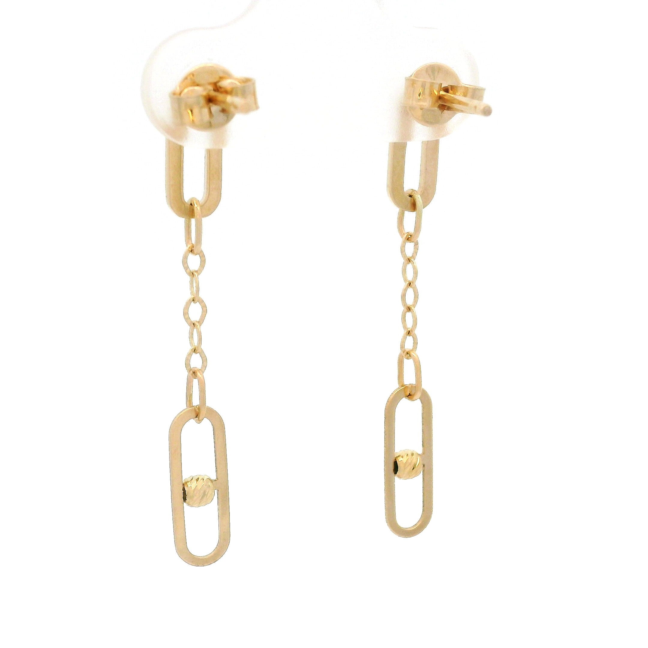 14k yellow gold double cable link hanging earrings back on white background