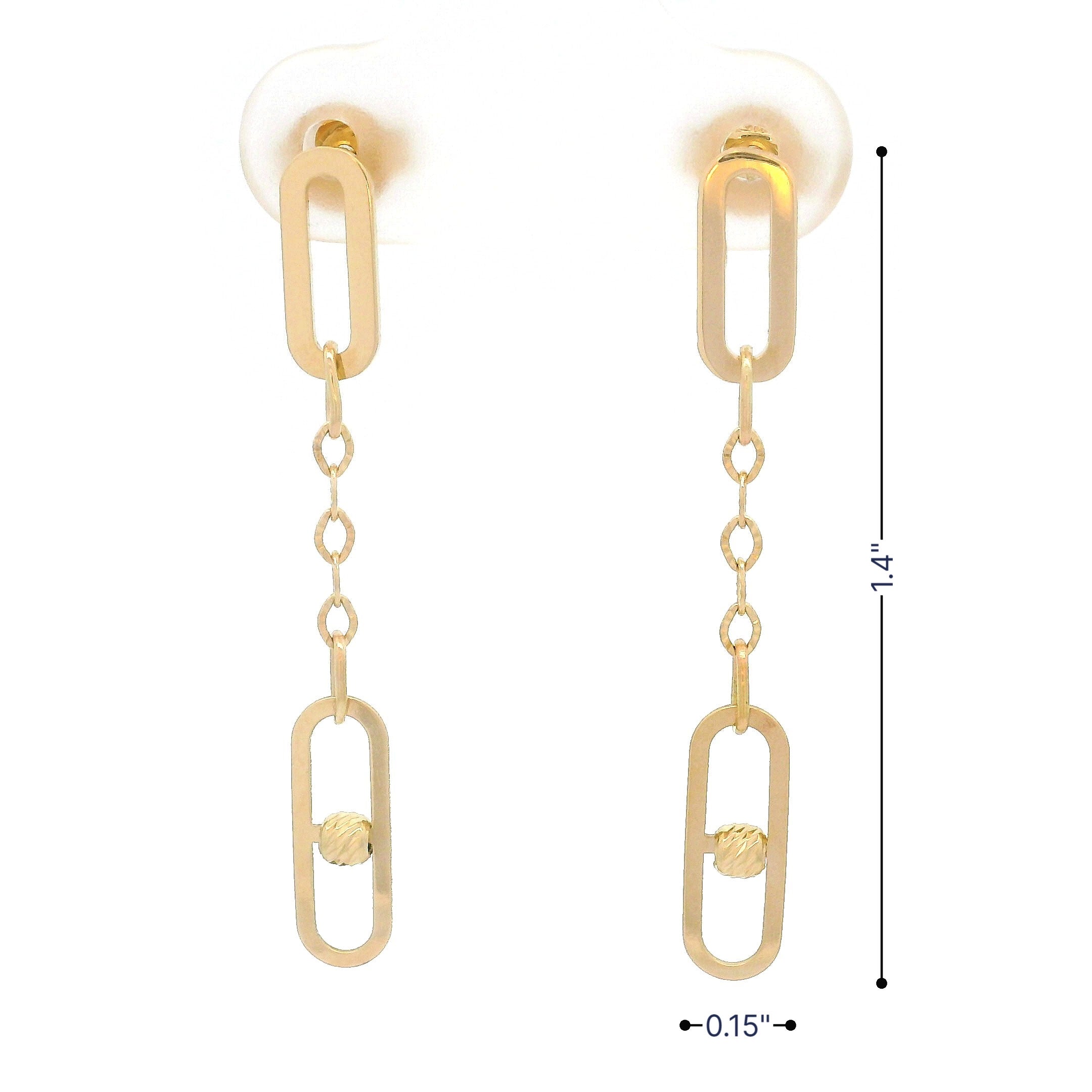 14k yellow gold double cable link hanging earrings front angle with measurements on white background