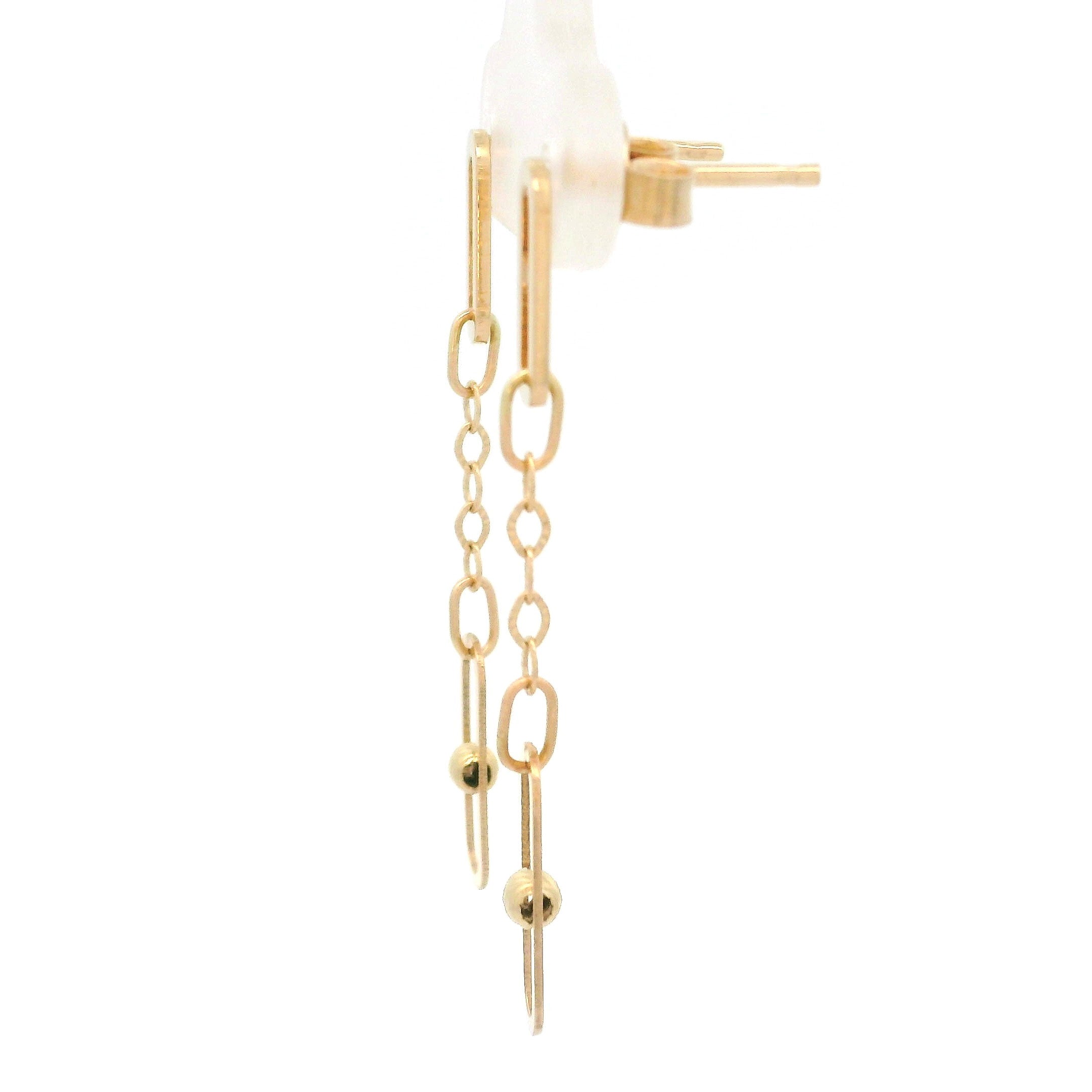 14k yellow gold double cable link hanging earrings side on white background