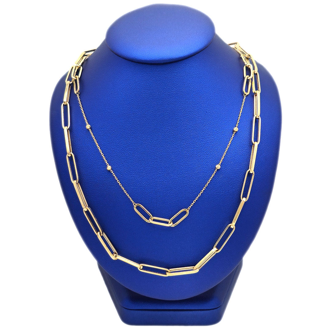 14k Double Layered Cable Paper Clip & Fancy Link Necklace