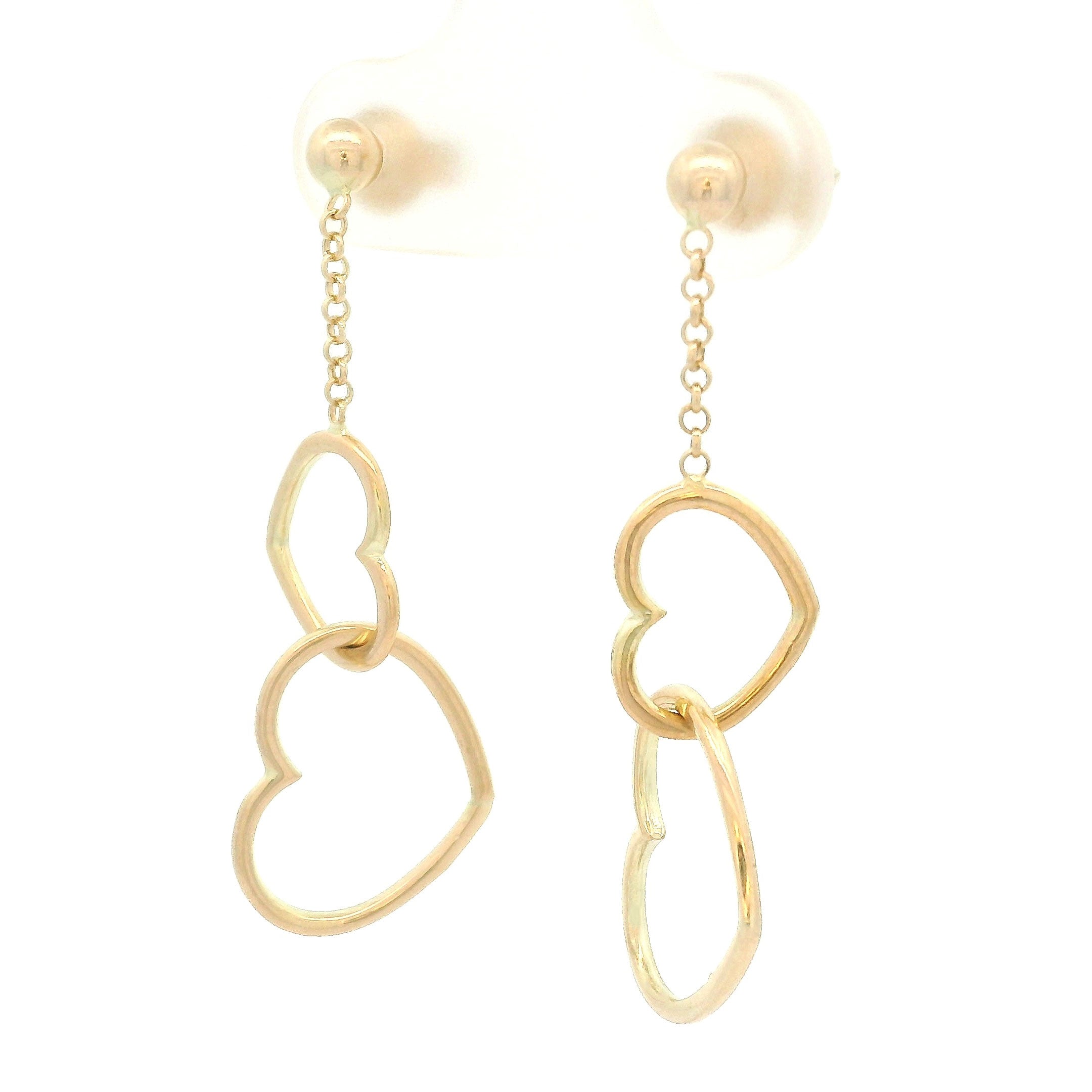 14k yellow gold hanging earrings with ball top, chain link and double interlocking hearts to the bottom