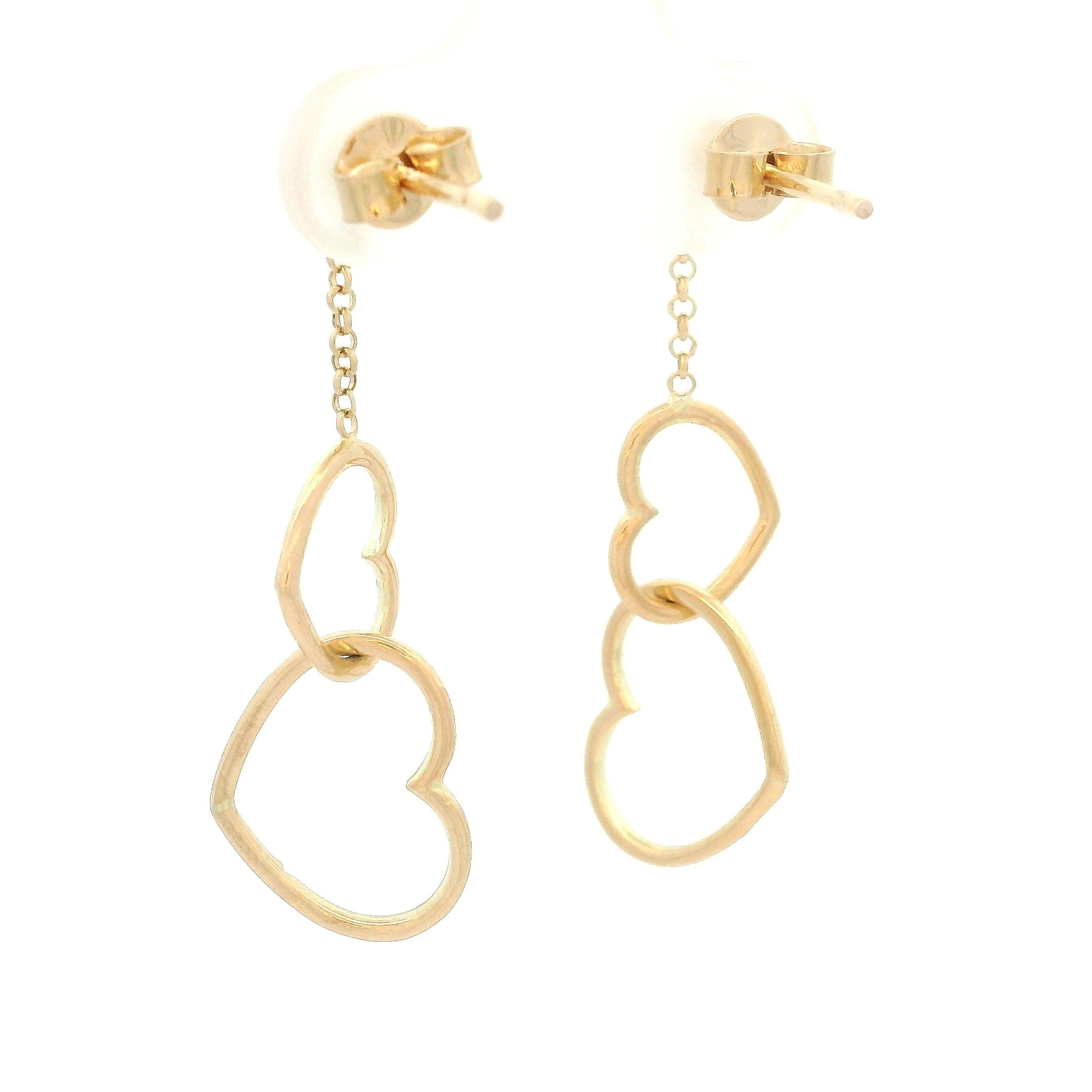 14k yellow gold hanging earrings with ball top, chain link and double interlocking hearts to the bottom back view