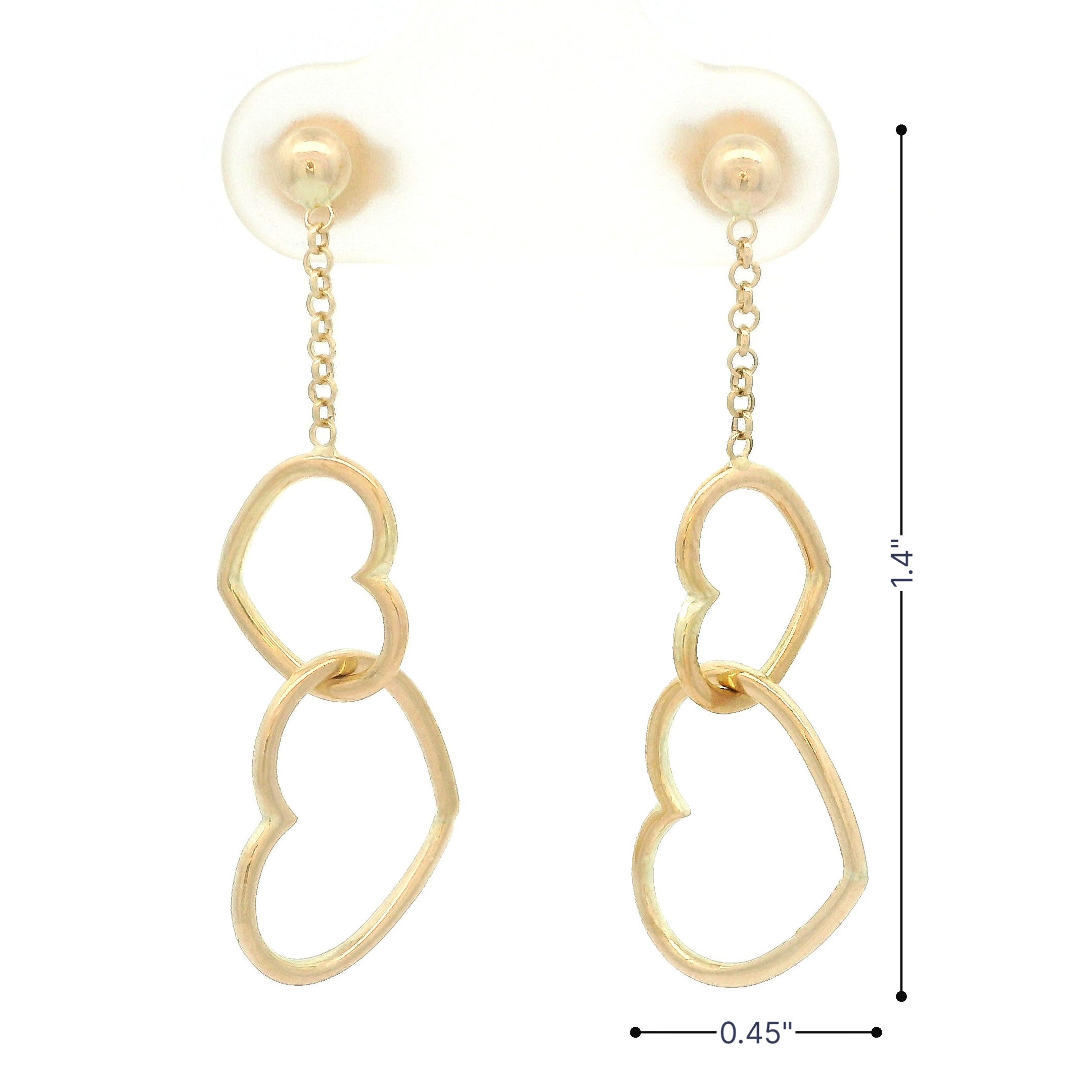 14k yellow gold hanging earrings with ball top, chain link and double interlocking hearts to the bottom front view with measurements