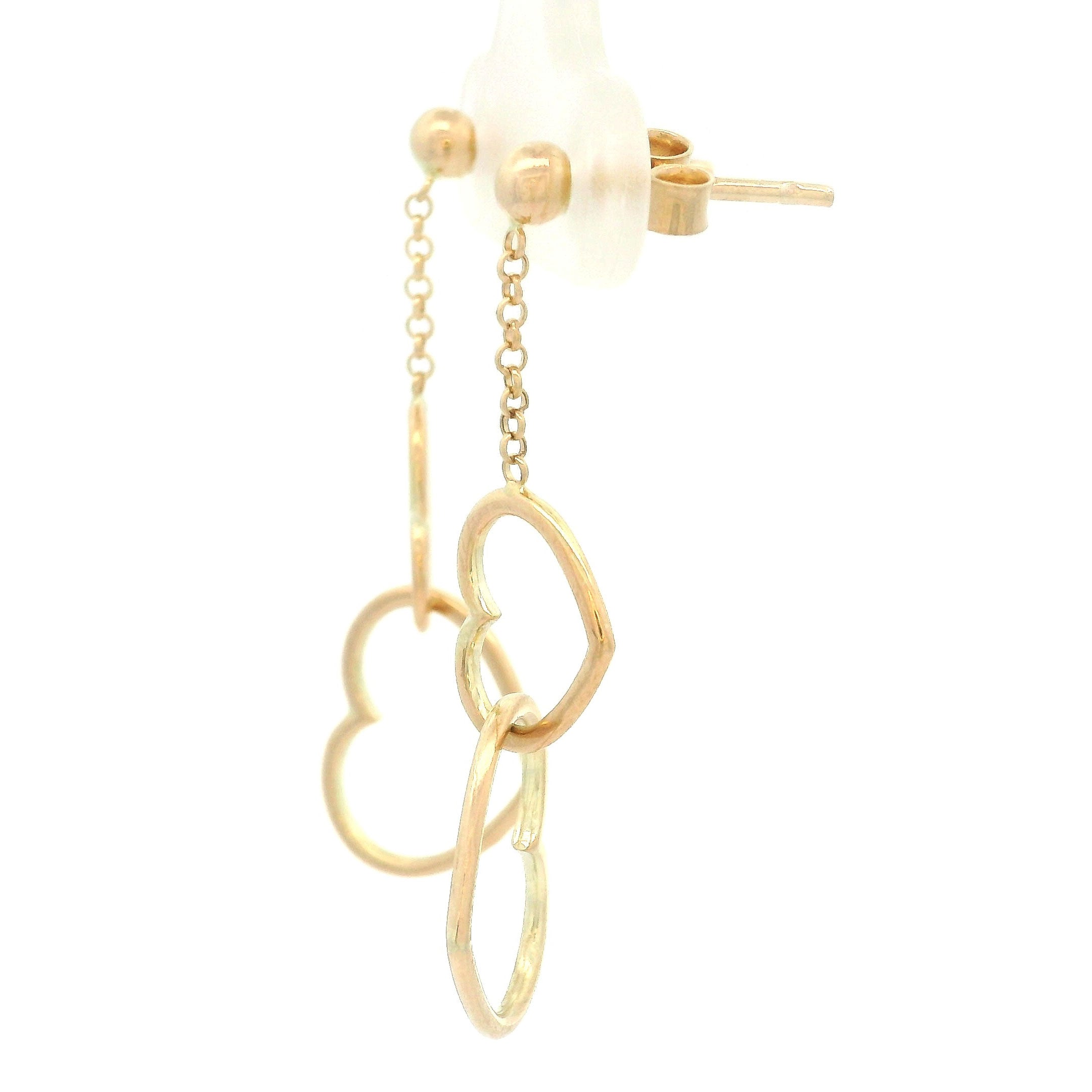 14k yellow gold hanging earrings with ball top, chain link and double interlocking hearts to the bottom side view