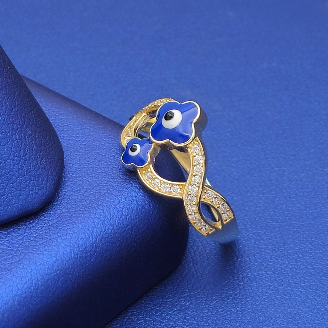 10k CZ Double Fancy Twist with Enamel Evil Eye Ring