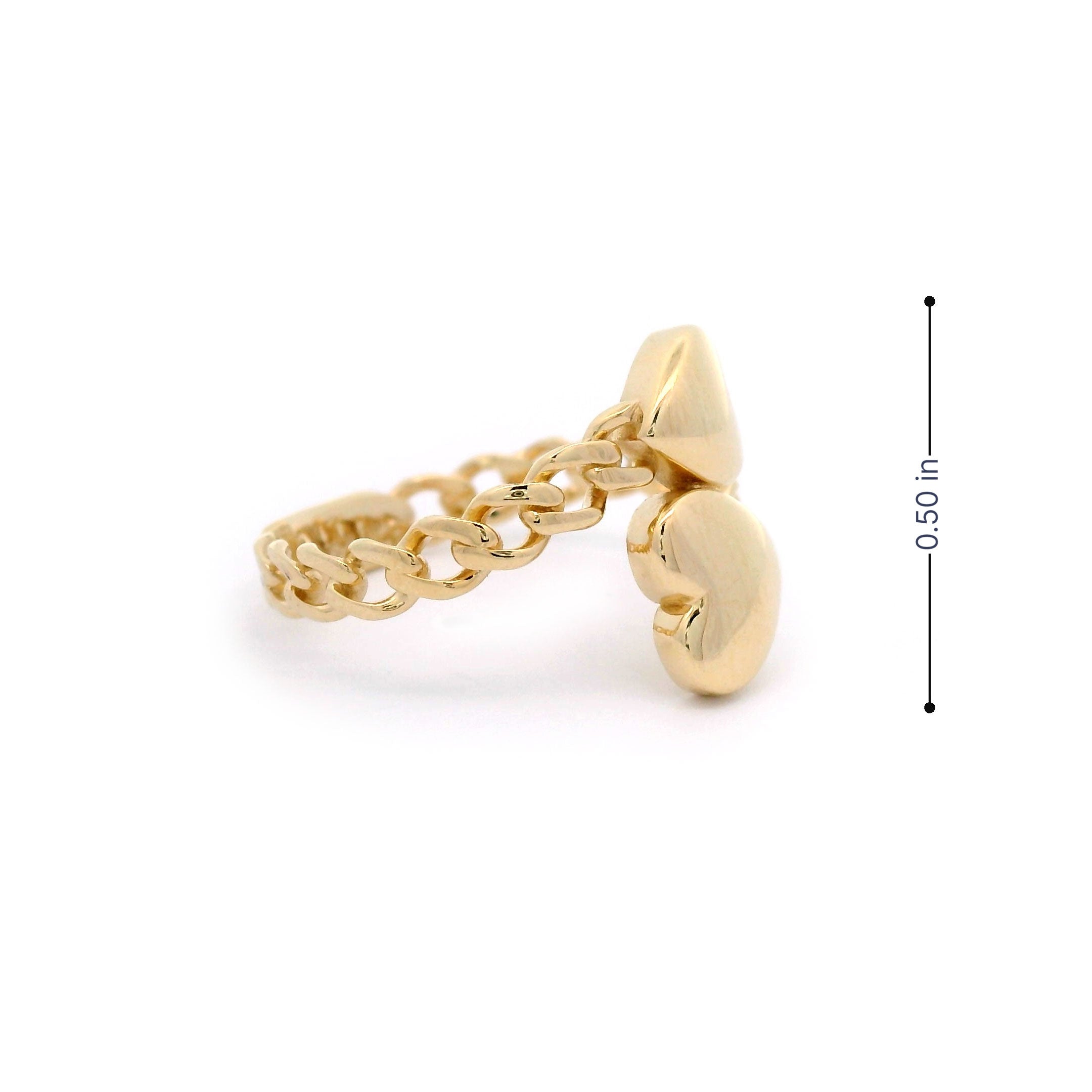 Double Heart & Cuban Wrap Ring in Solid 14kt Yellow Gold Height 0.50 inch