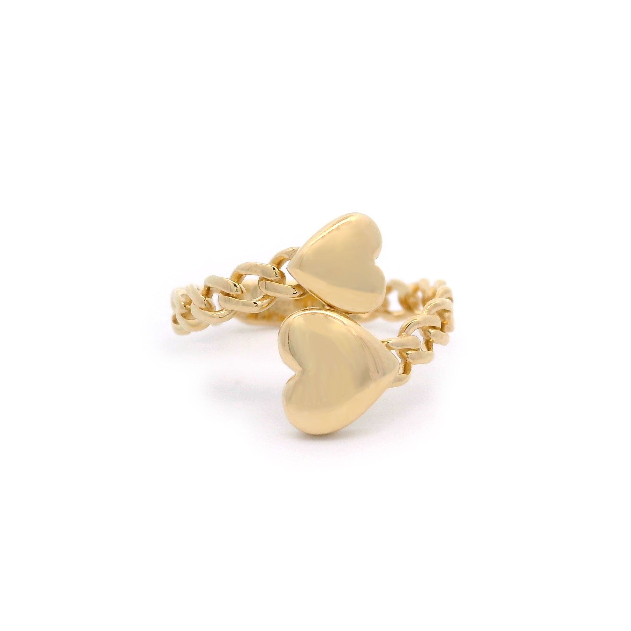 Double Heart & Cuban Wrap Ring in Solid 14kt Yellow Gold