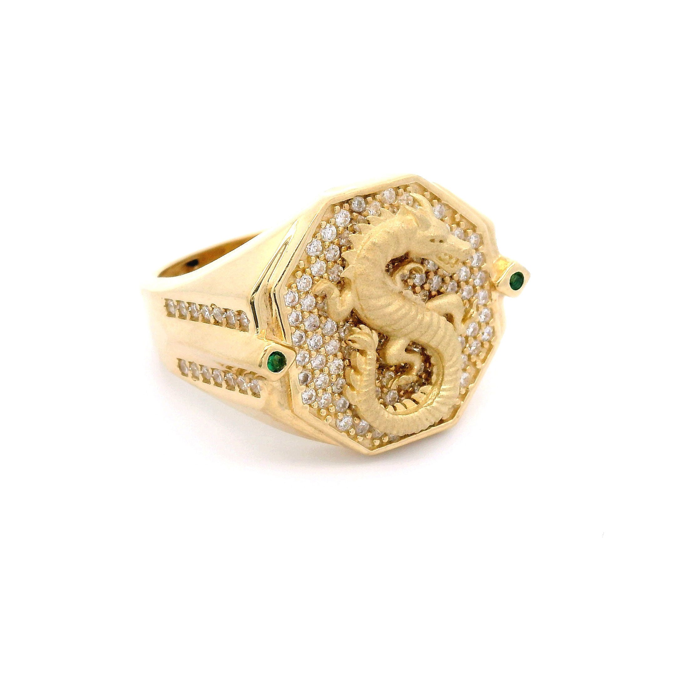 10k CZ Octagon Dragon Ring with Green Stones Right Side