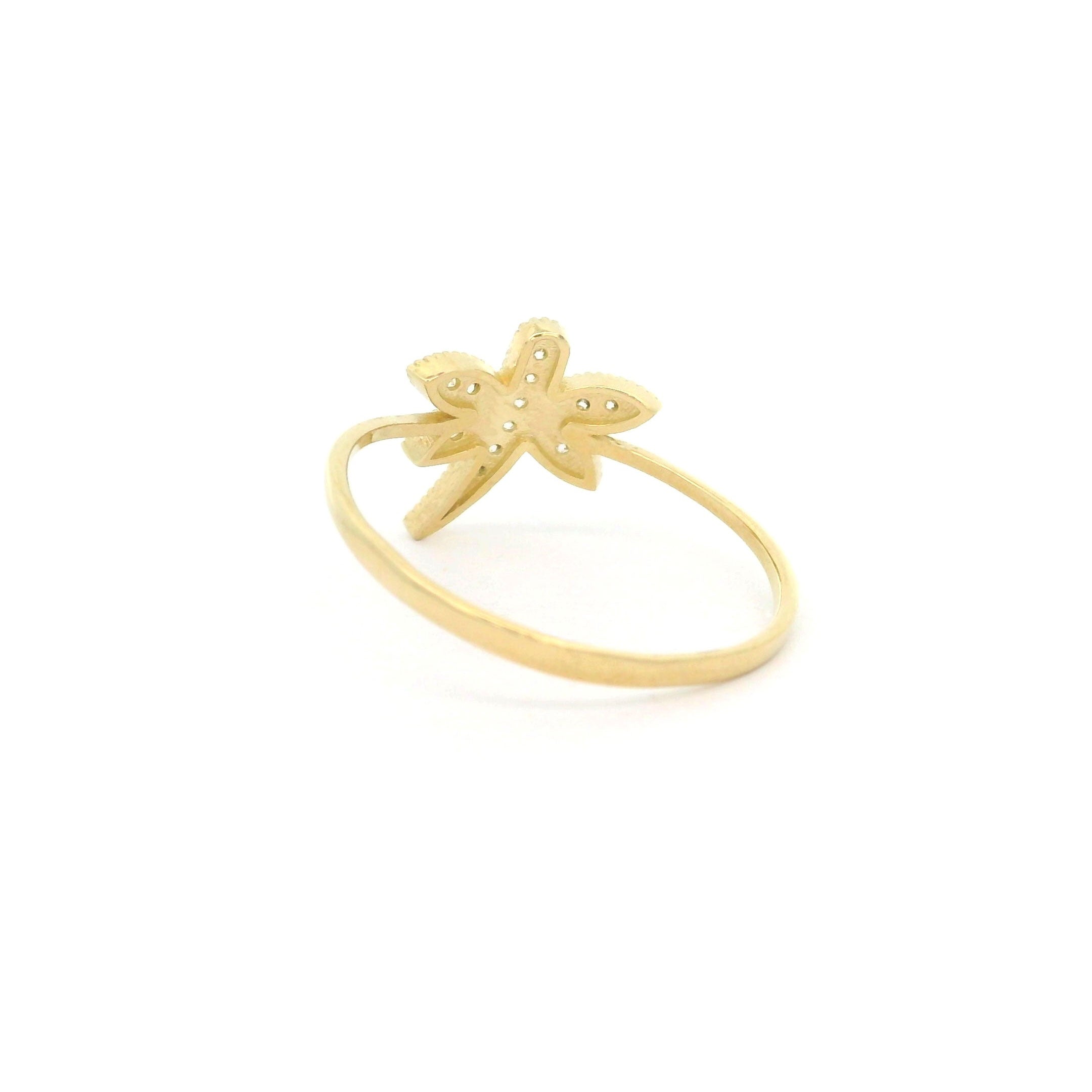 10k yellow gold ring with dragon fly and cz accents on a white background back view