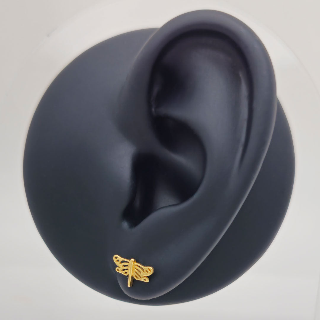 14k Dragonfly Outline Stud Earrings on Ear Display