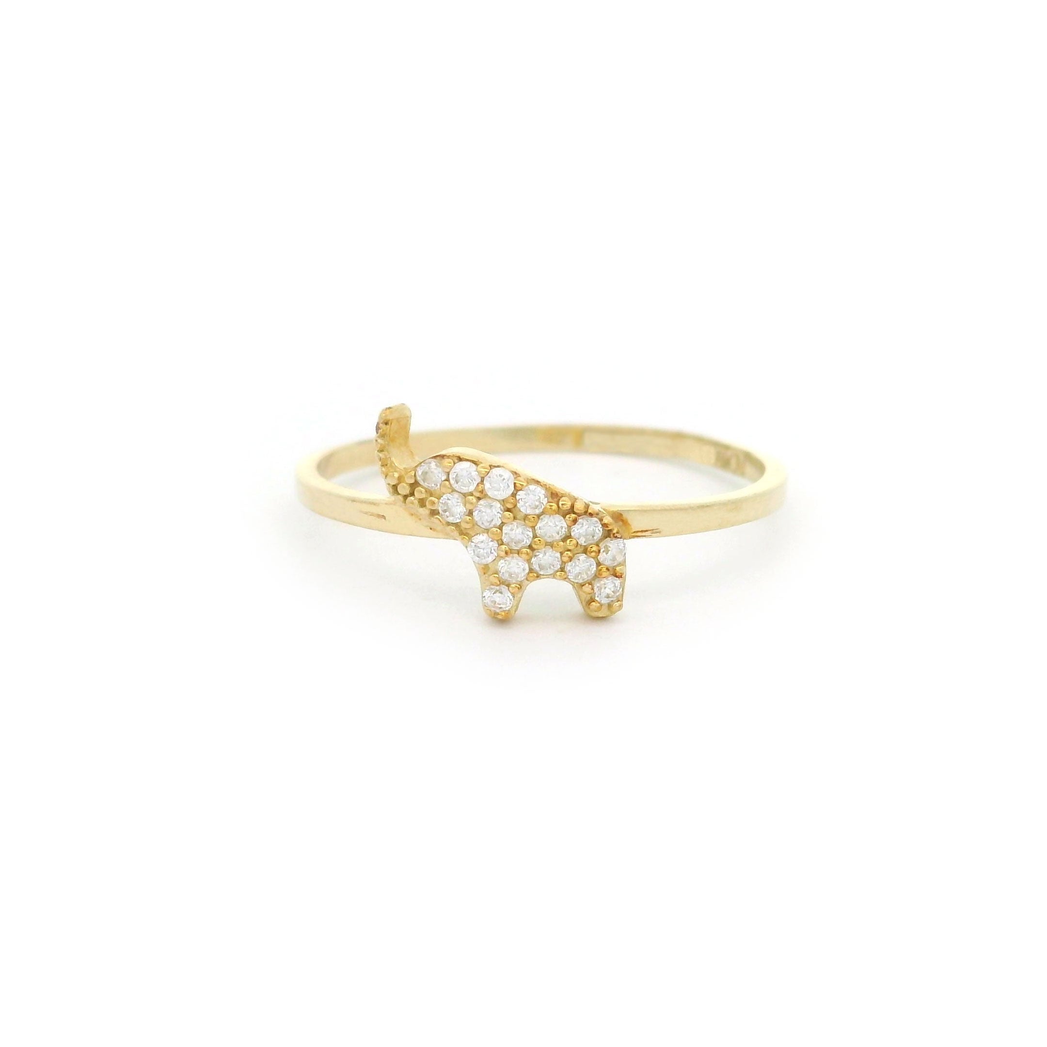 10k yellow gold mini elephant ring with stones on white background