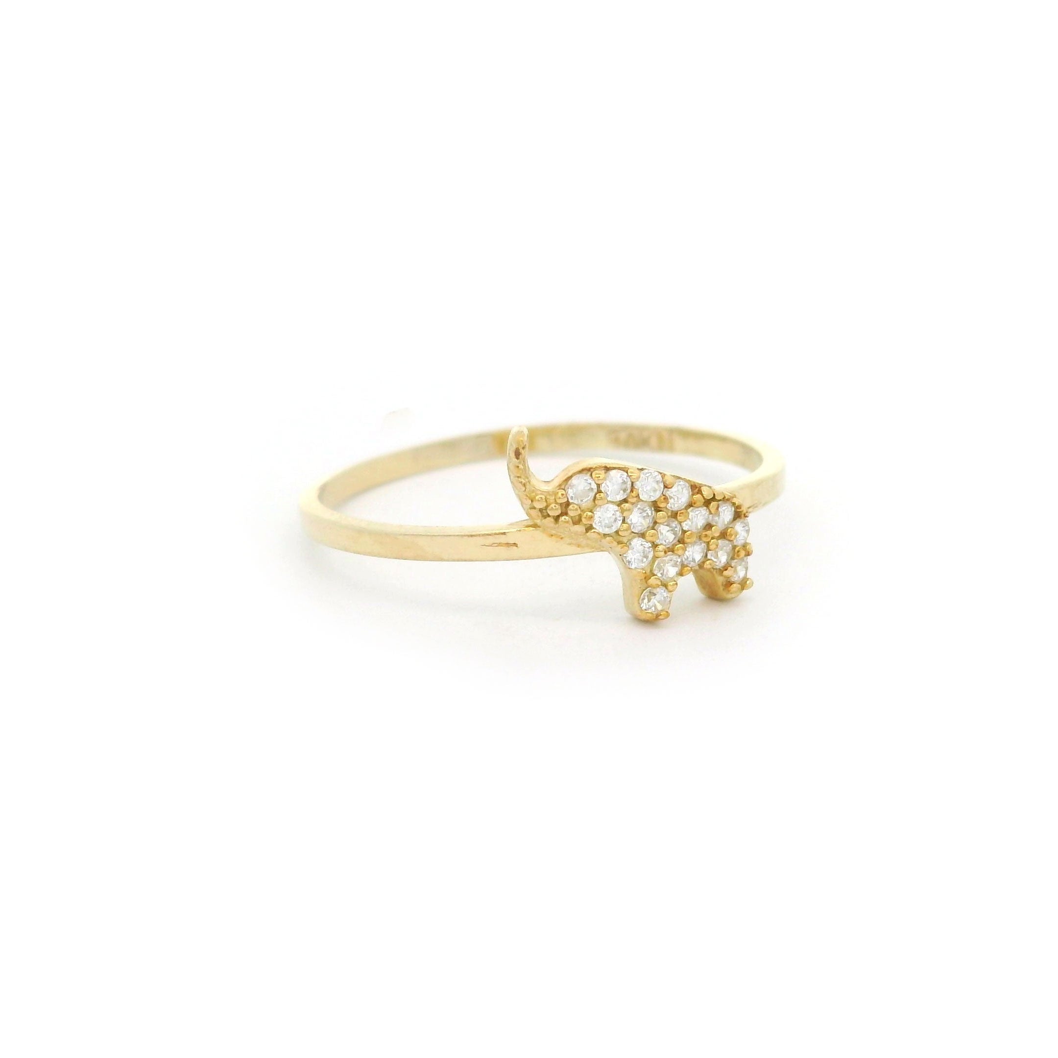 10k yellow gold mini elephant ring with stones on white background left side