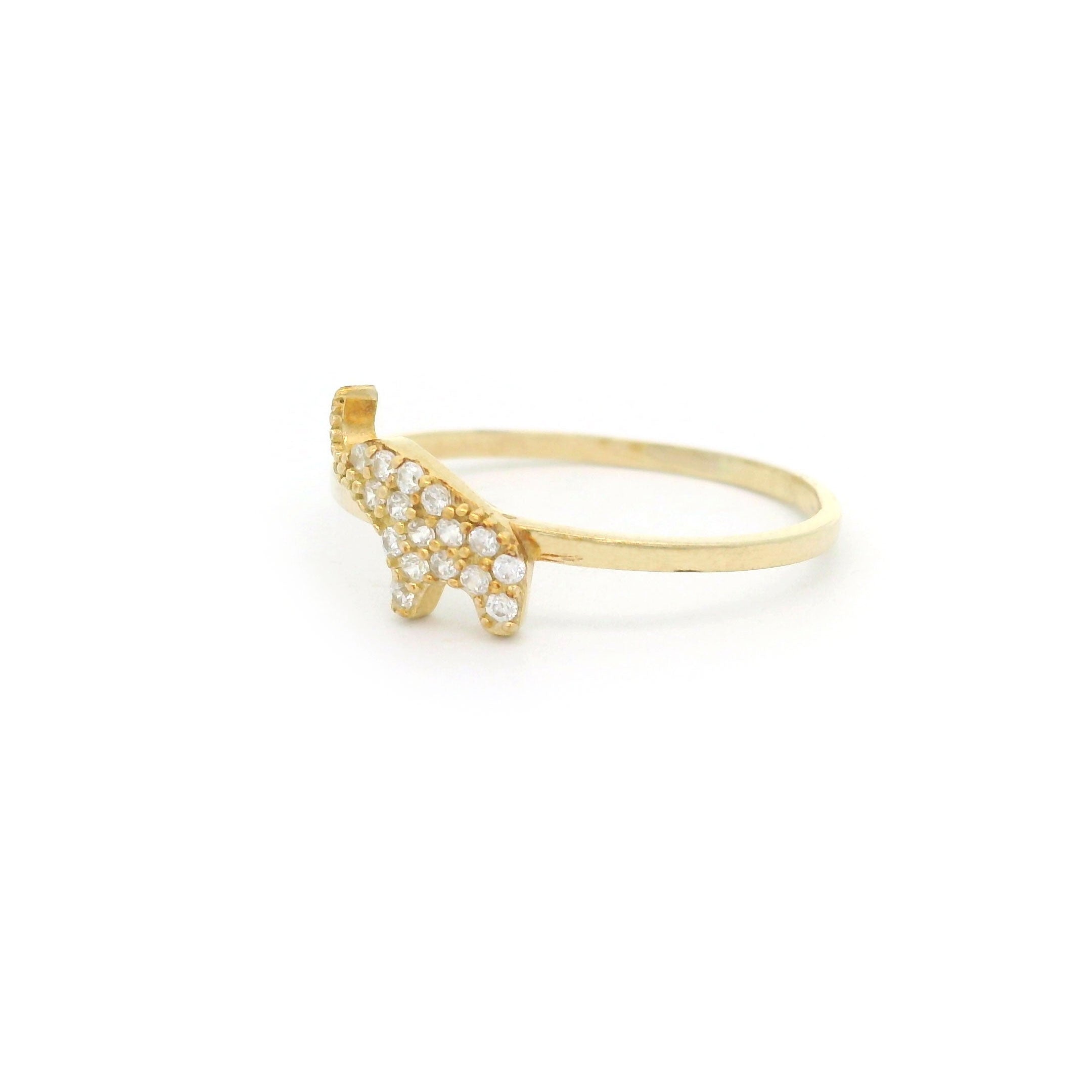10k yellow gold mini elephant ring with stones on white background right side