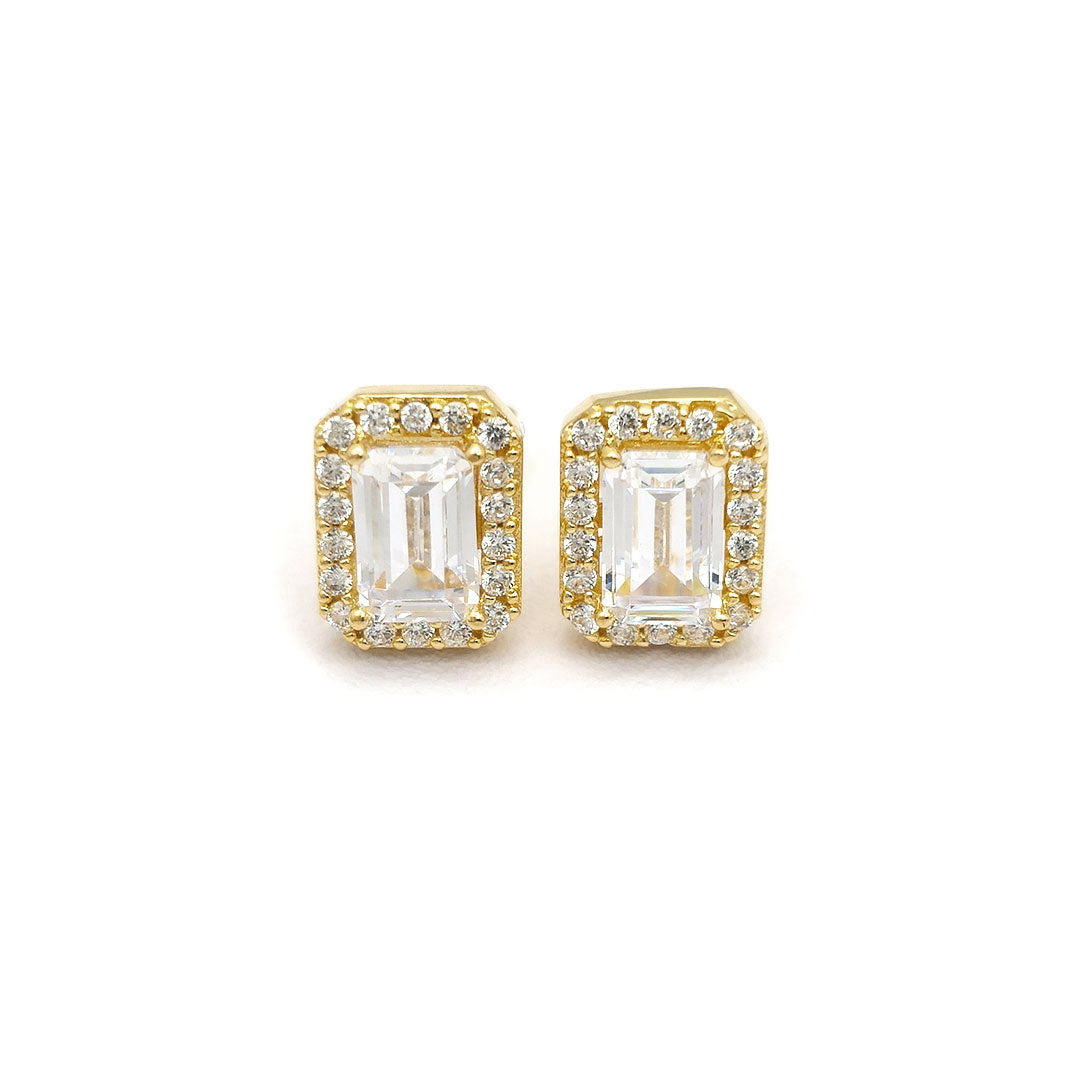 14k CZ Emerald Cut Halo Stud Earrings