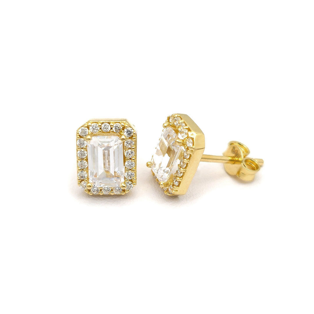 14k CZ Emerald Cut Halo Stud Earrings Side