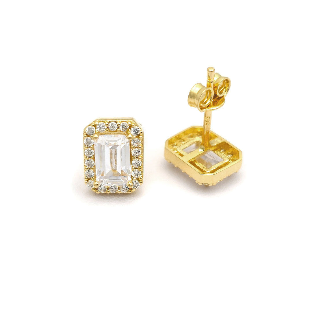 14k CZ Emerald Cut Halo Stud Earrings Upside Down