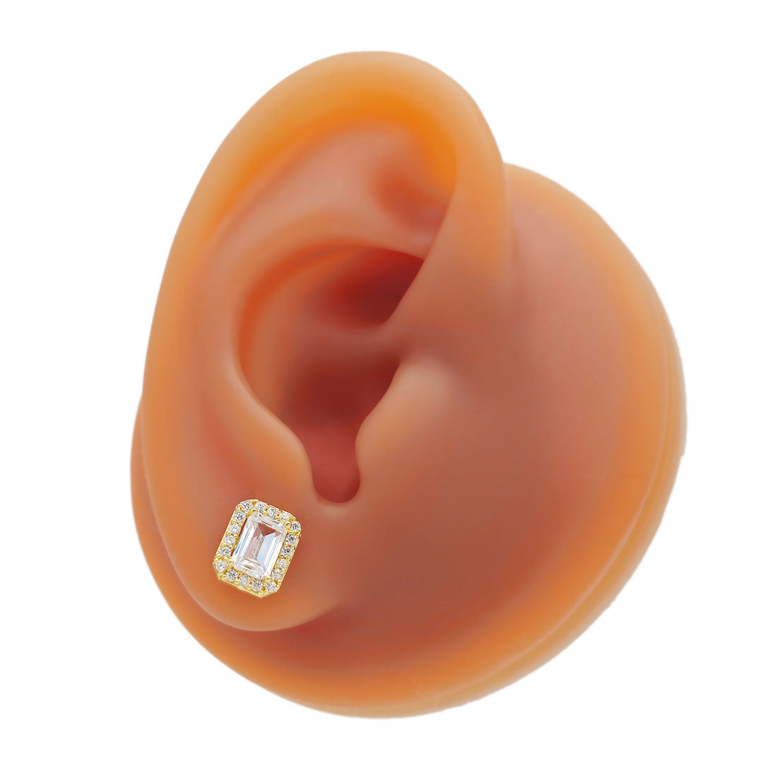 14k CZ Emerald Cut Halo Stud Earrings on Ear Display