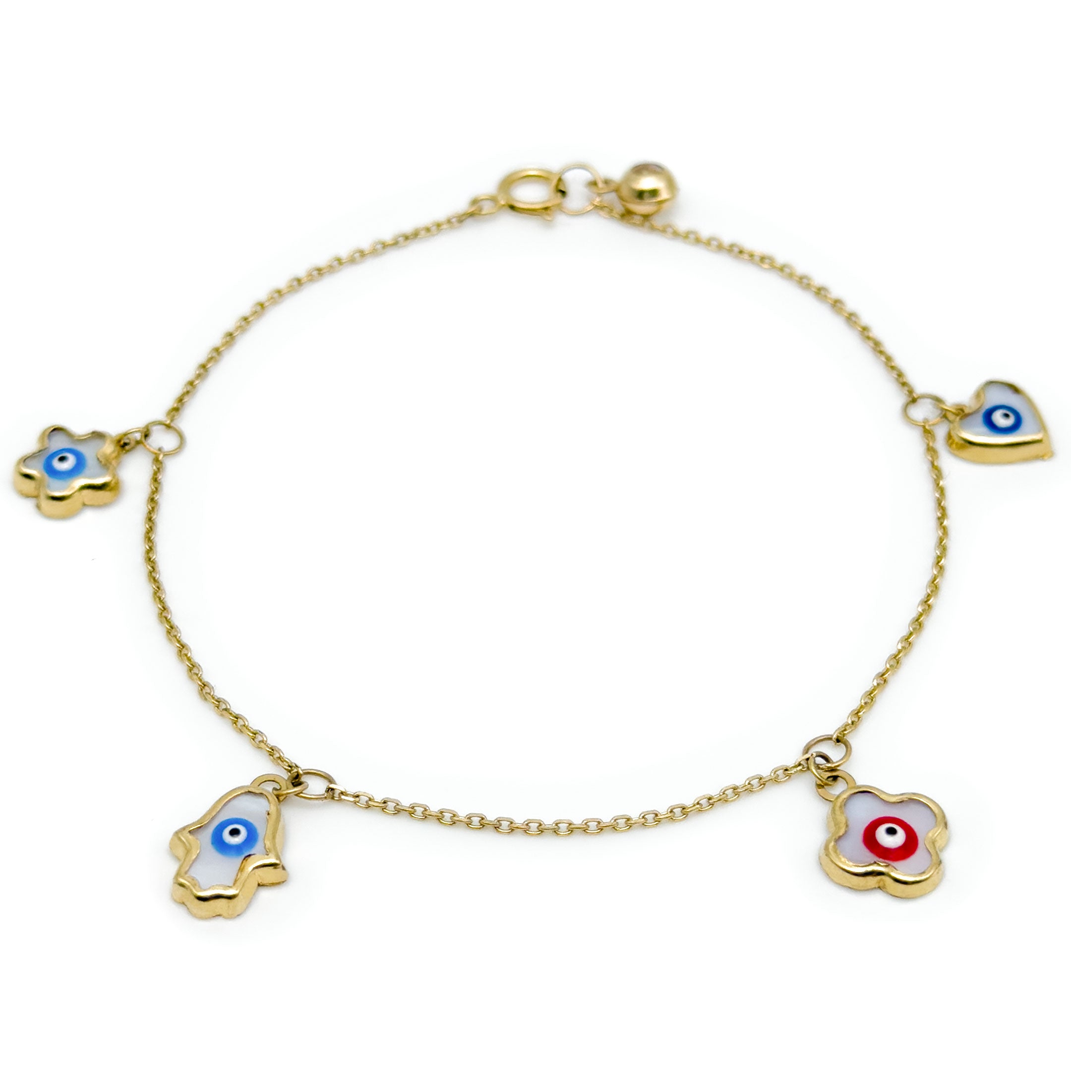 A gold charm bracelet featuring four evil eye charms in different shapes, displayed on a clean white background.