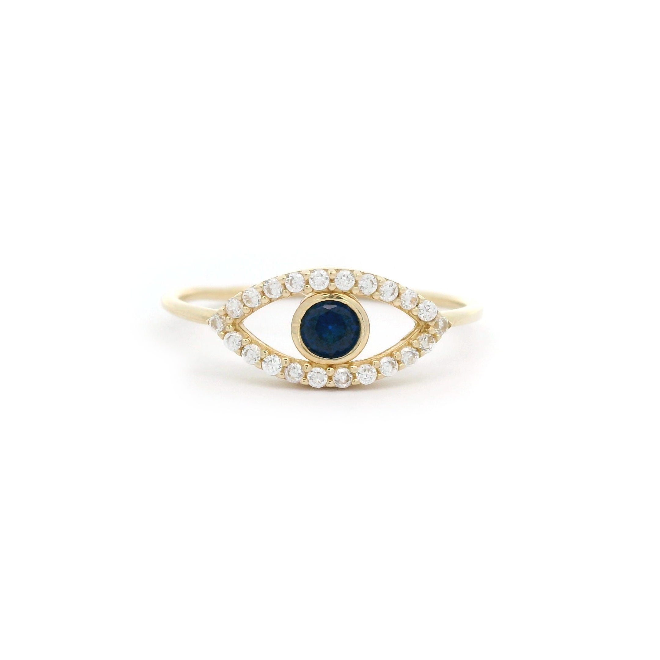 Blue Bezel Evil Eye Ring in 10k Yellow Gold