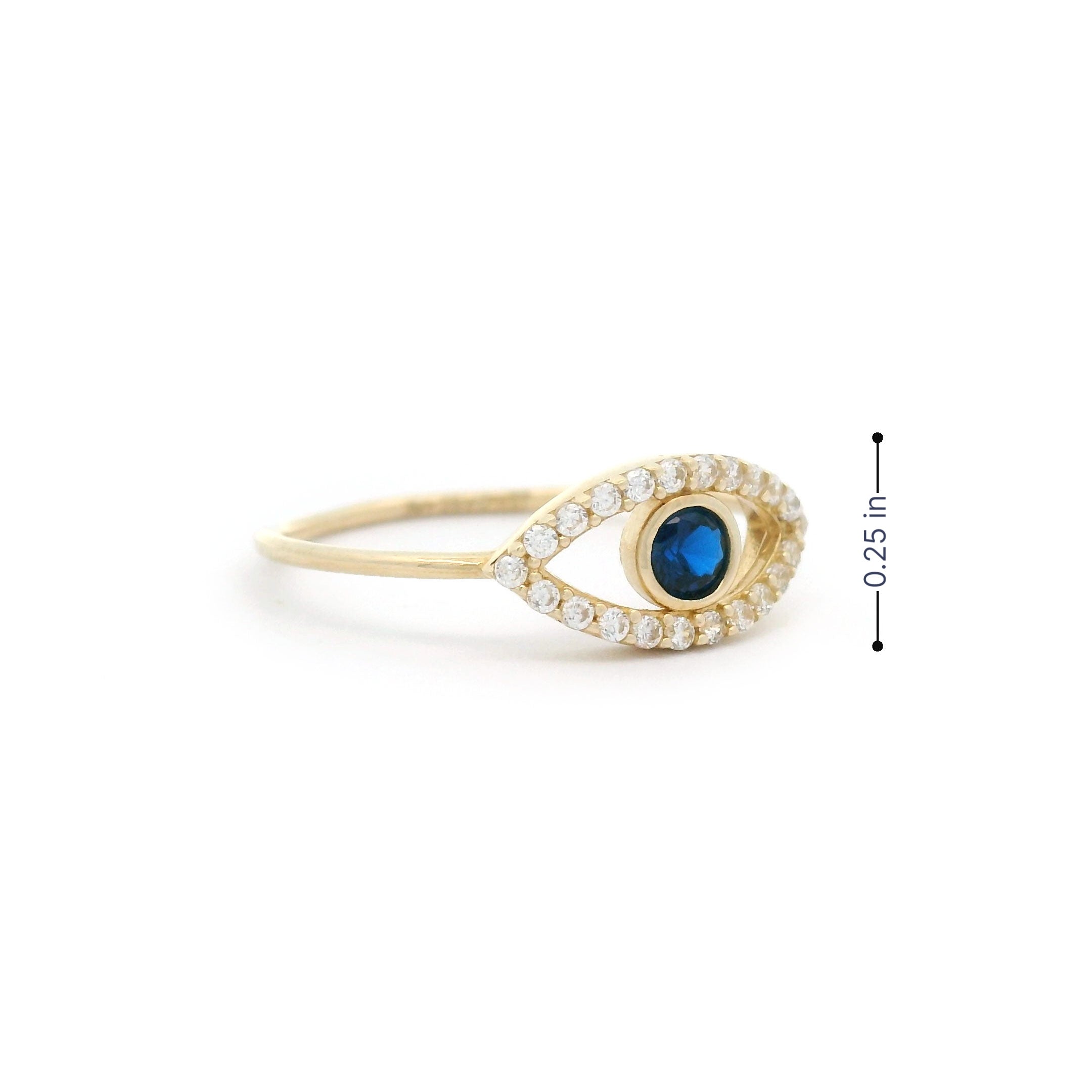 Blue Bezel Evil Eye Ring in 10k Yellow Gold Height 0.25 inch