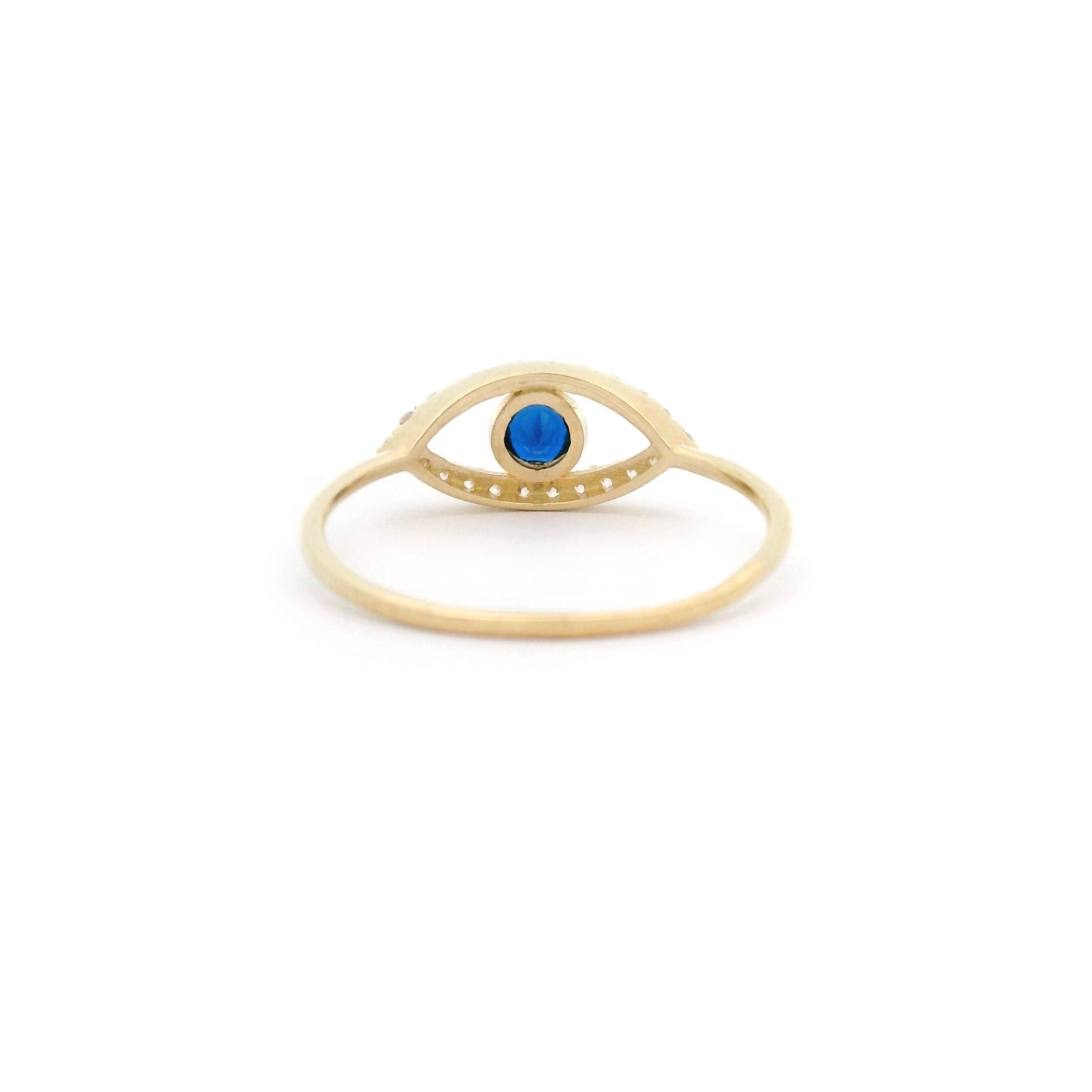 Blue Bezel Evil Eye Ring in 10k Yellow Gold Back