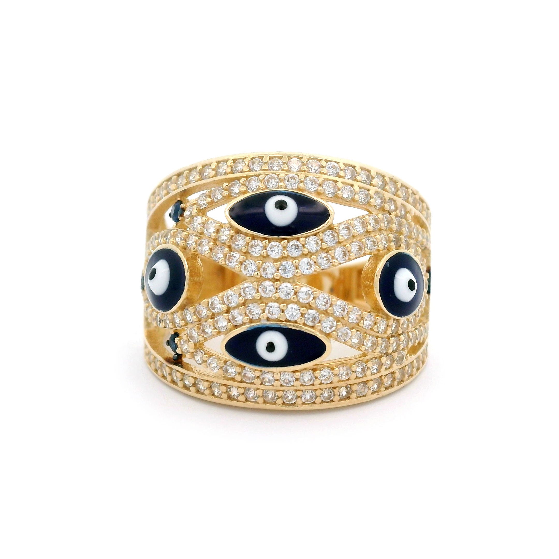 14k CZ Blue & White Evil Eye Cocktail Ring