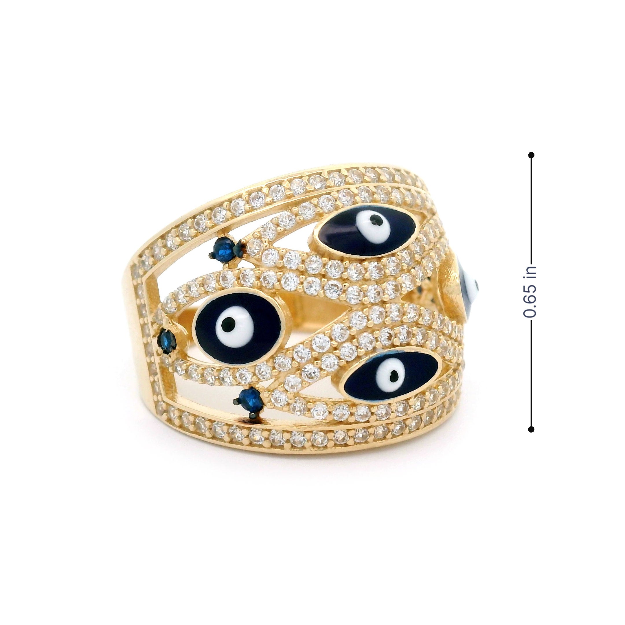 14k CZ Blue & White Evil Eye Cocktail Ring Side 0.65"