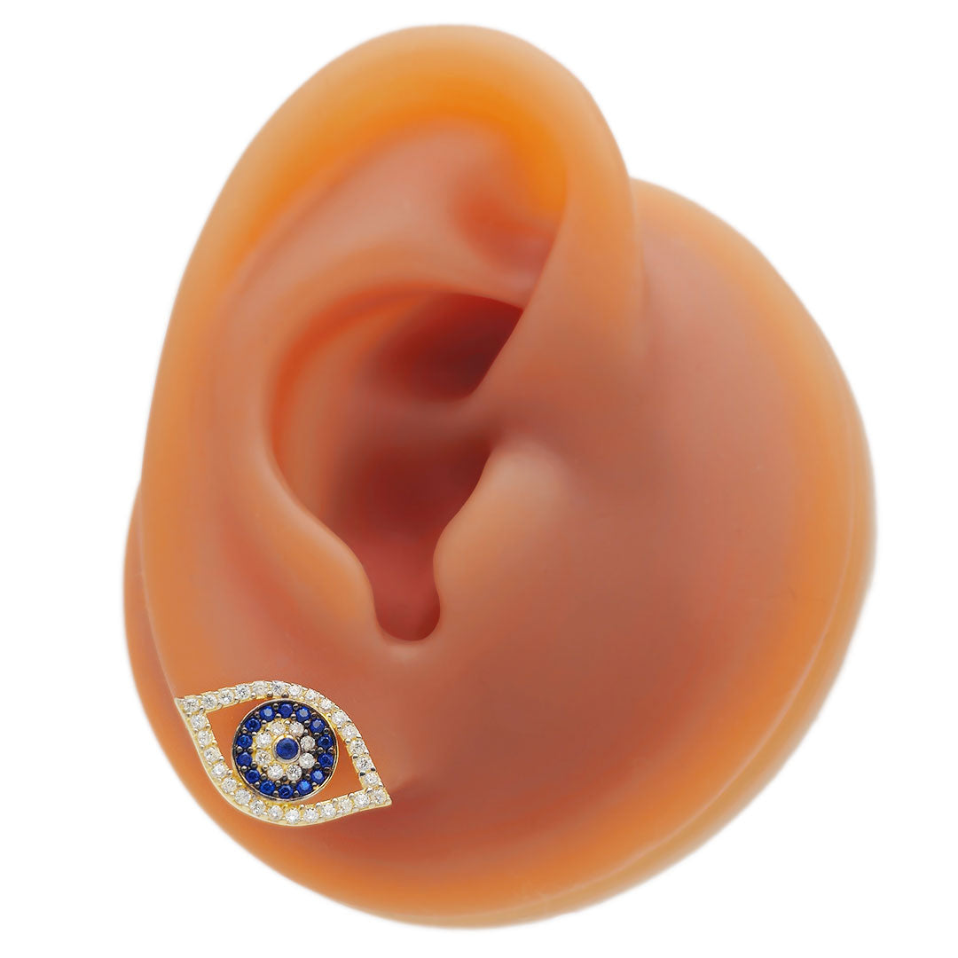 14k CZ Blue & White Evil Eye Stud Earrings on Ear Display