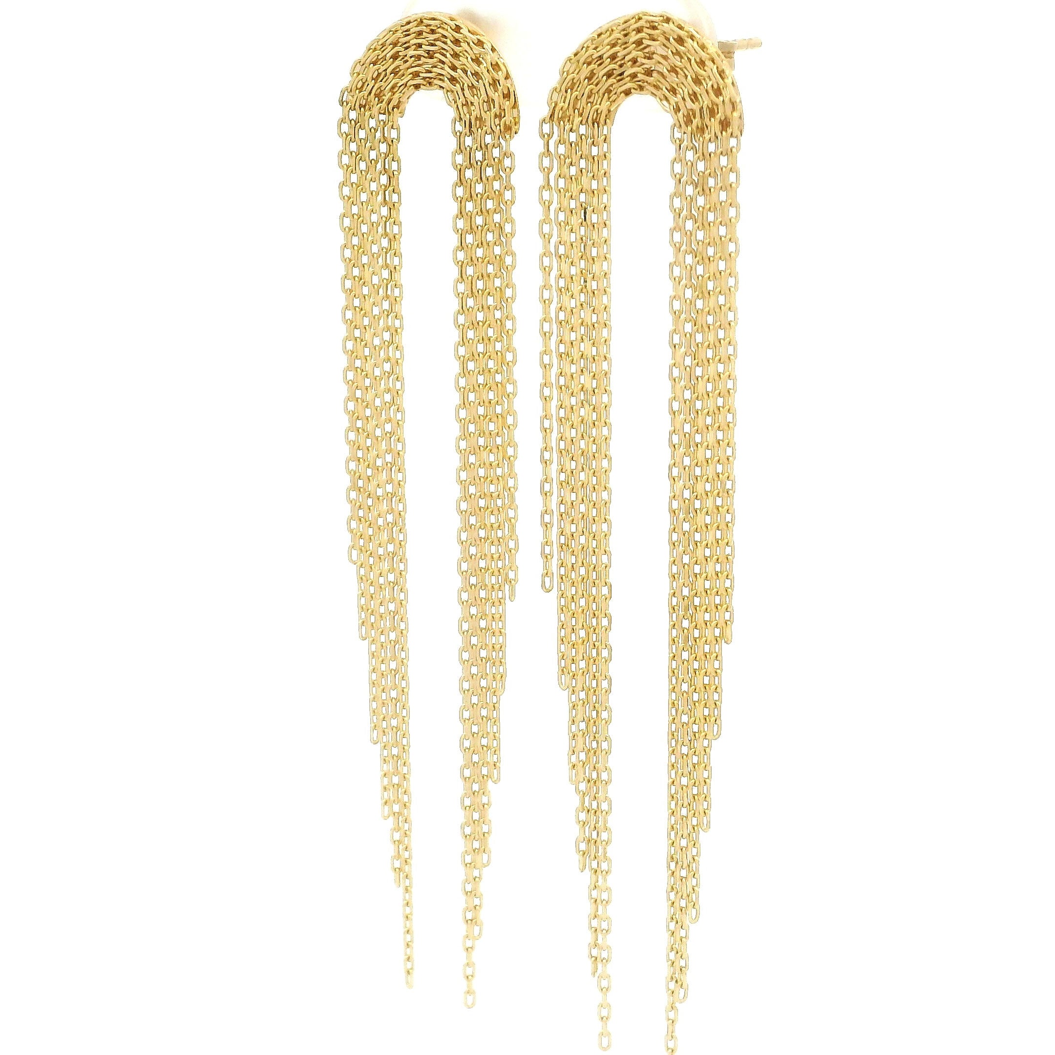 14k yellow gold multi cable link hanging earrings on white background