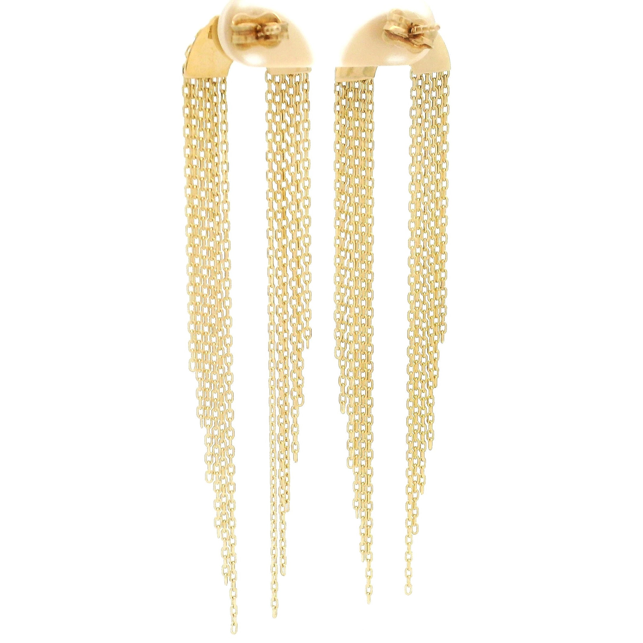 14k yellow gold multi cable link hanging earrings on white background back view