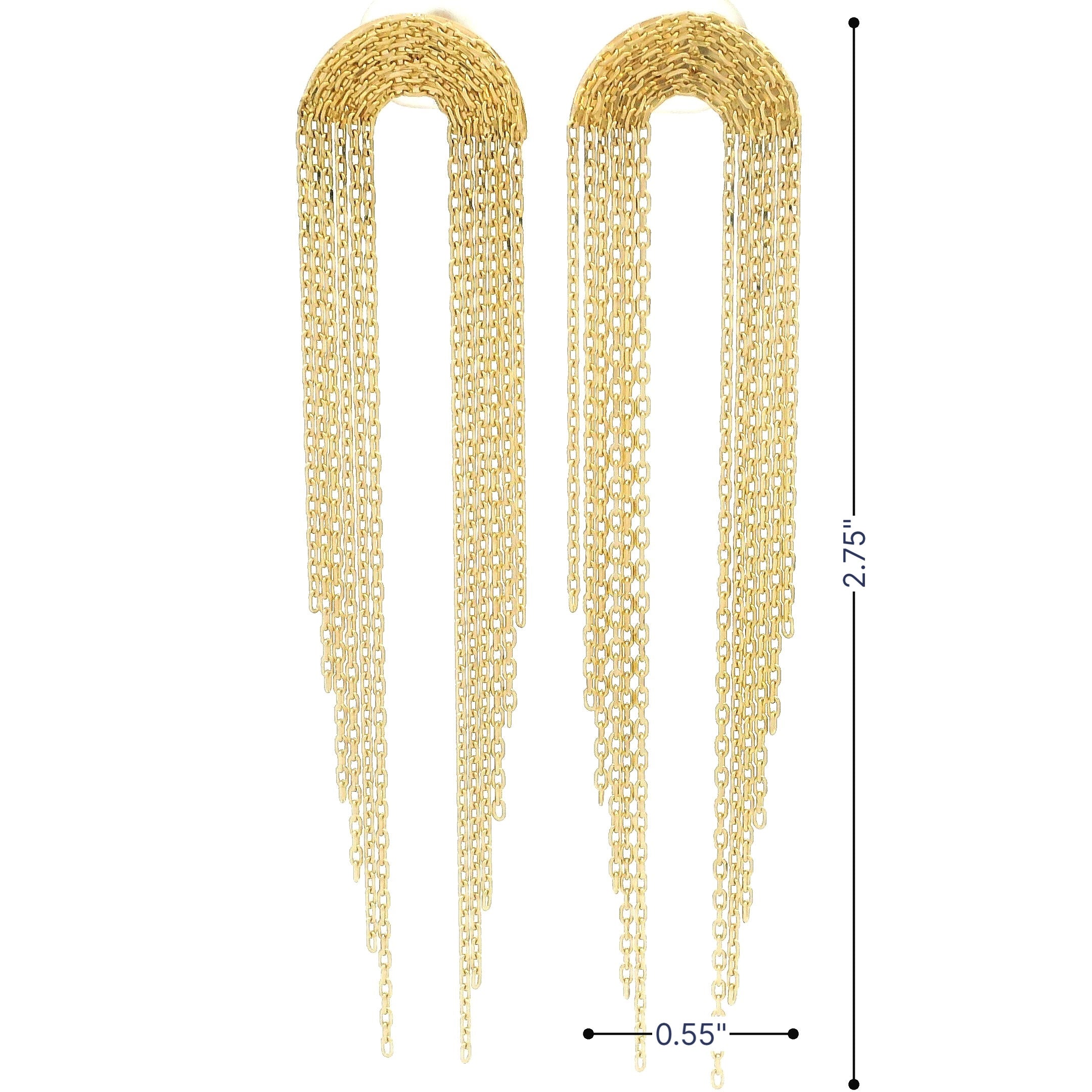 14k yellow gold multi cable link hanging earrings on white background front view with size
