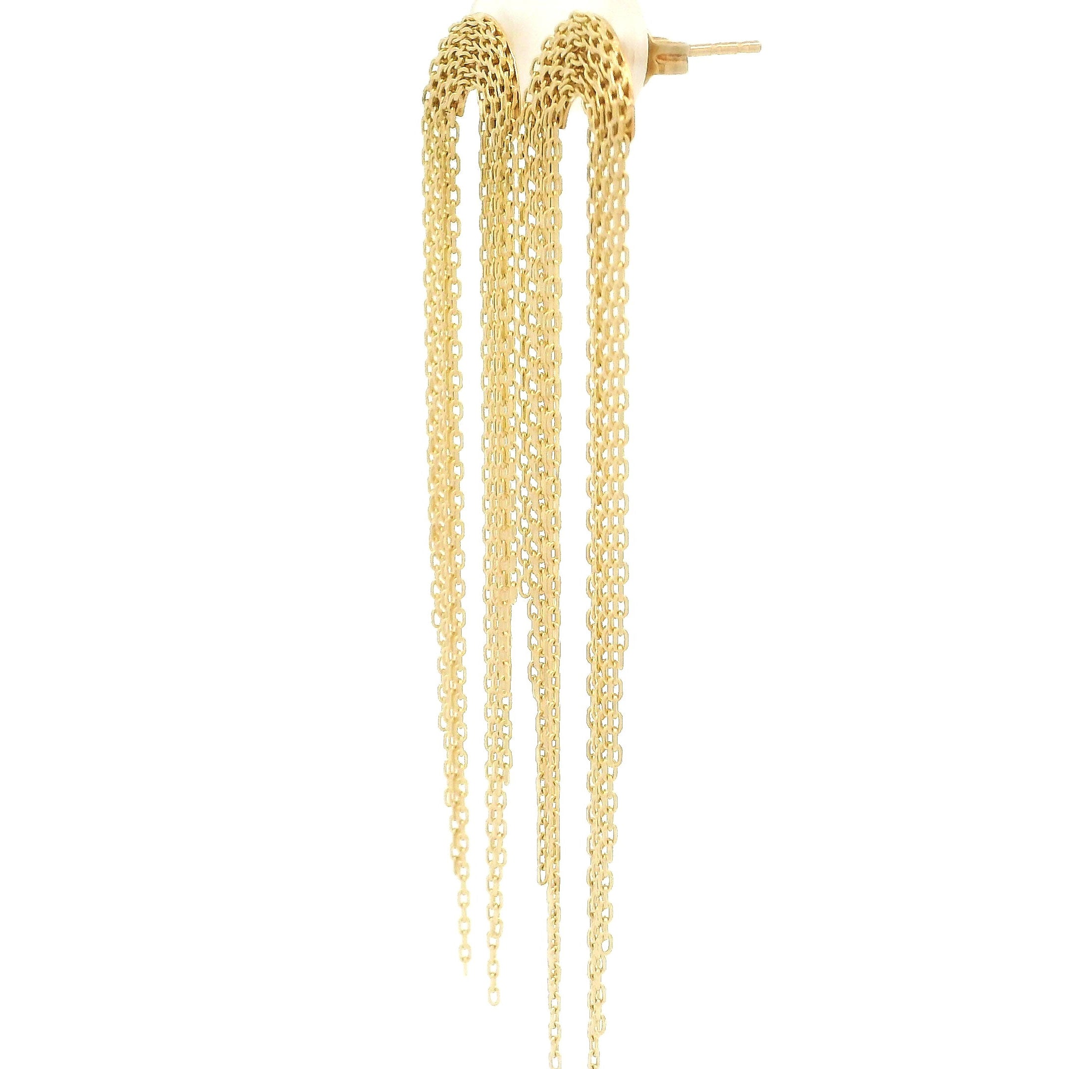 14k yellow gold multi cable link hanging earrings on white background side angle