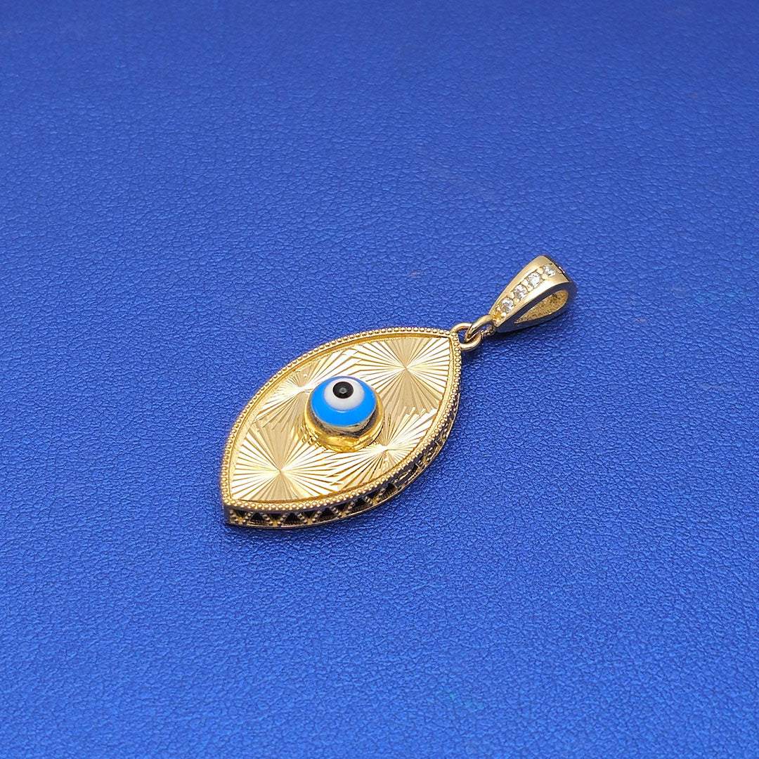 14k CZ Fancy Laser Cut Marquise Light Blue Evil Eye Pendant