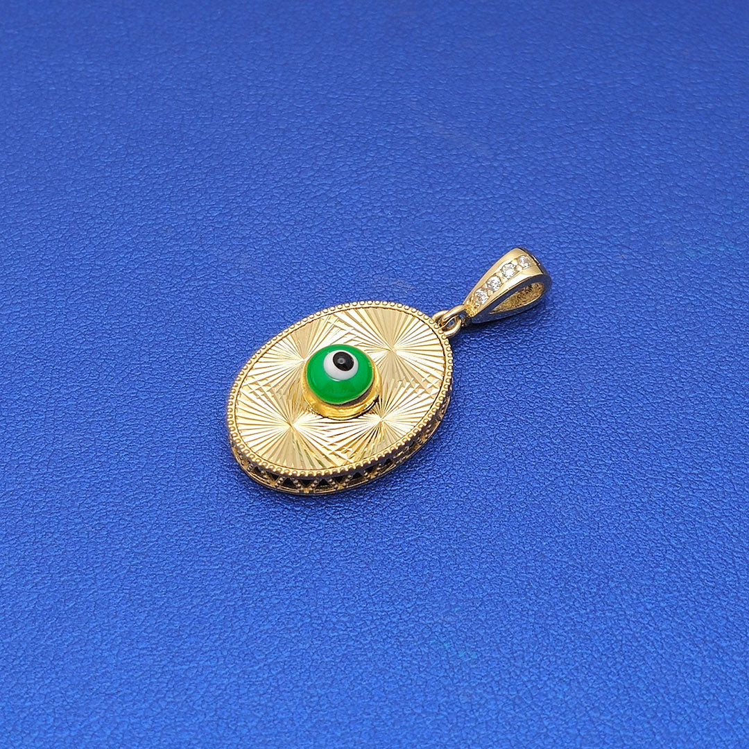 14k CZ Fancy Laser Cut Oval Green Evil Eye Pendant