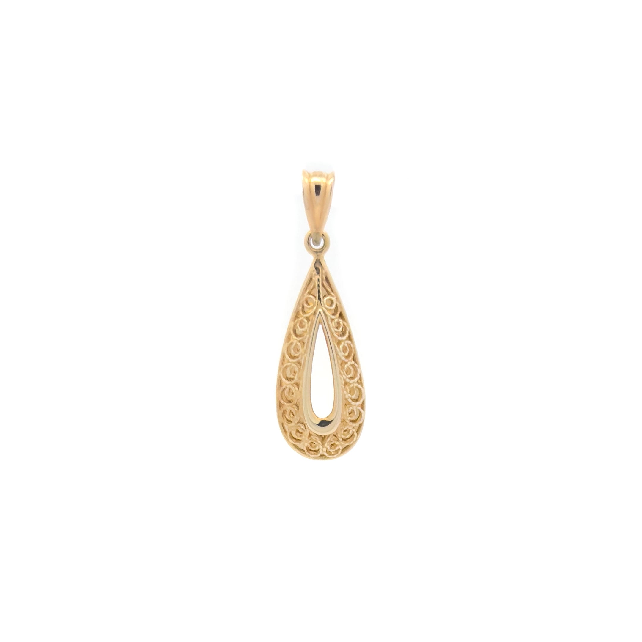 Gold teardrop pendant on a white background