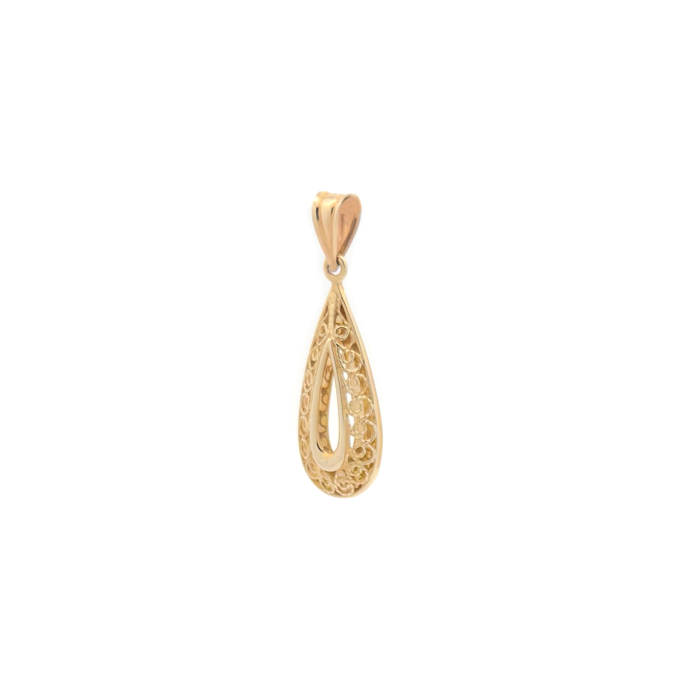 Gold teardrop pendant on a white background side