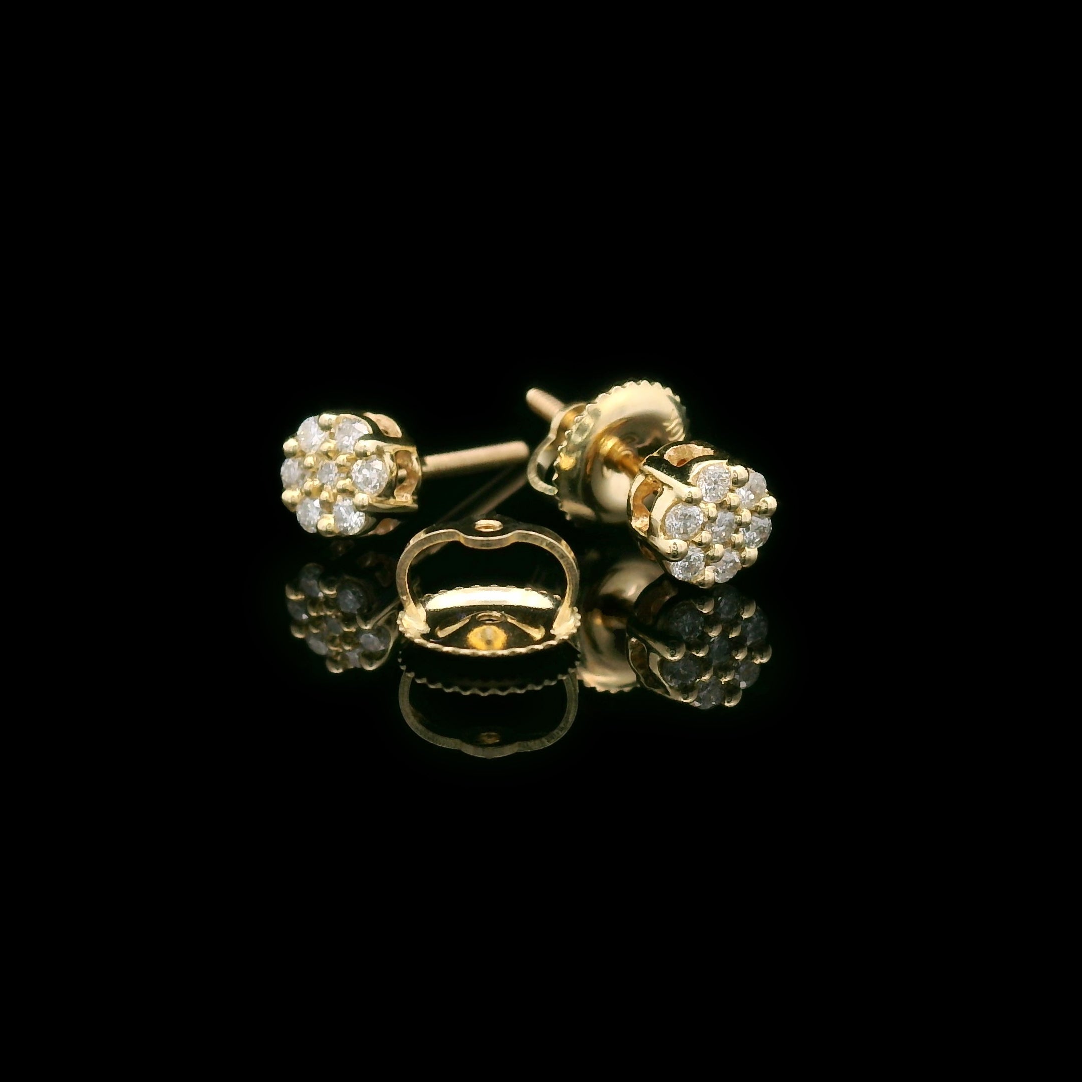 Diamond Flower Cluster Settings Screw Back Earrings 10k Yellow Gold 0.16ctw Opened