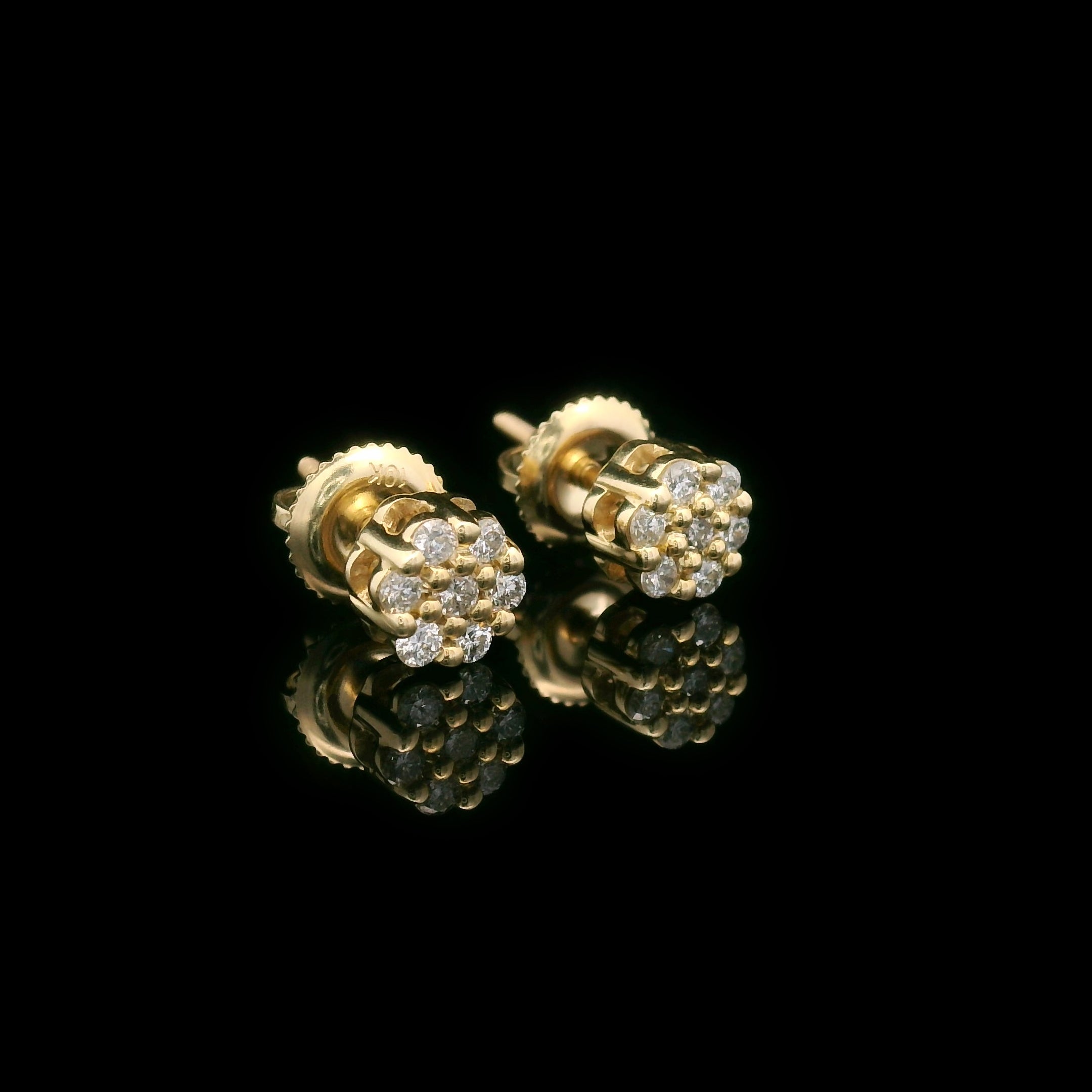 Diamond Flower Cluster Settings Screw Back Earrings 10k Yellow Gold 0.26ctw Side