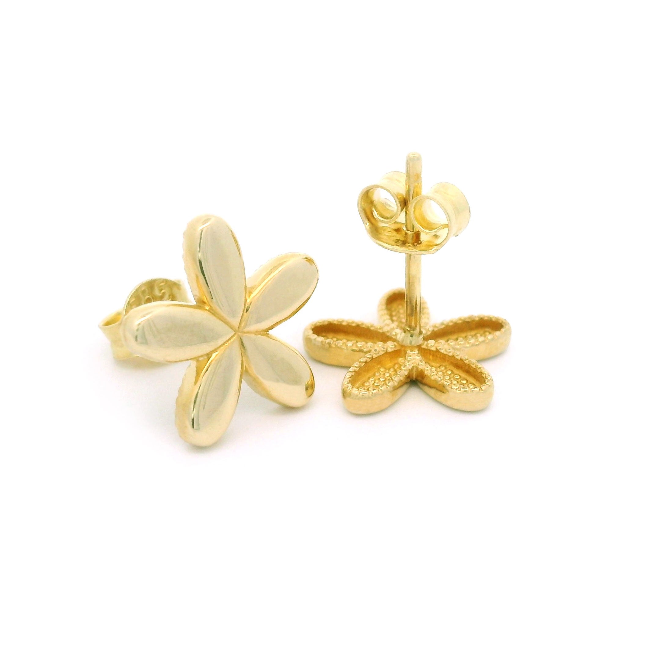 14k Yellow Gold Flower Stud Earrings Back