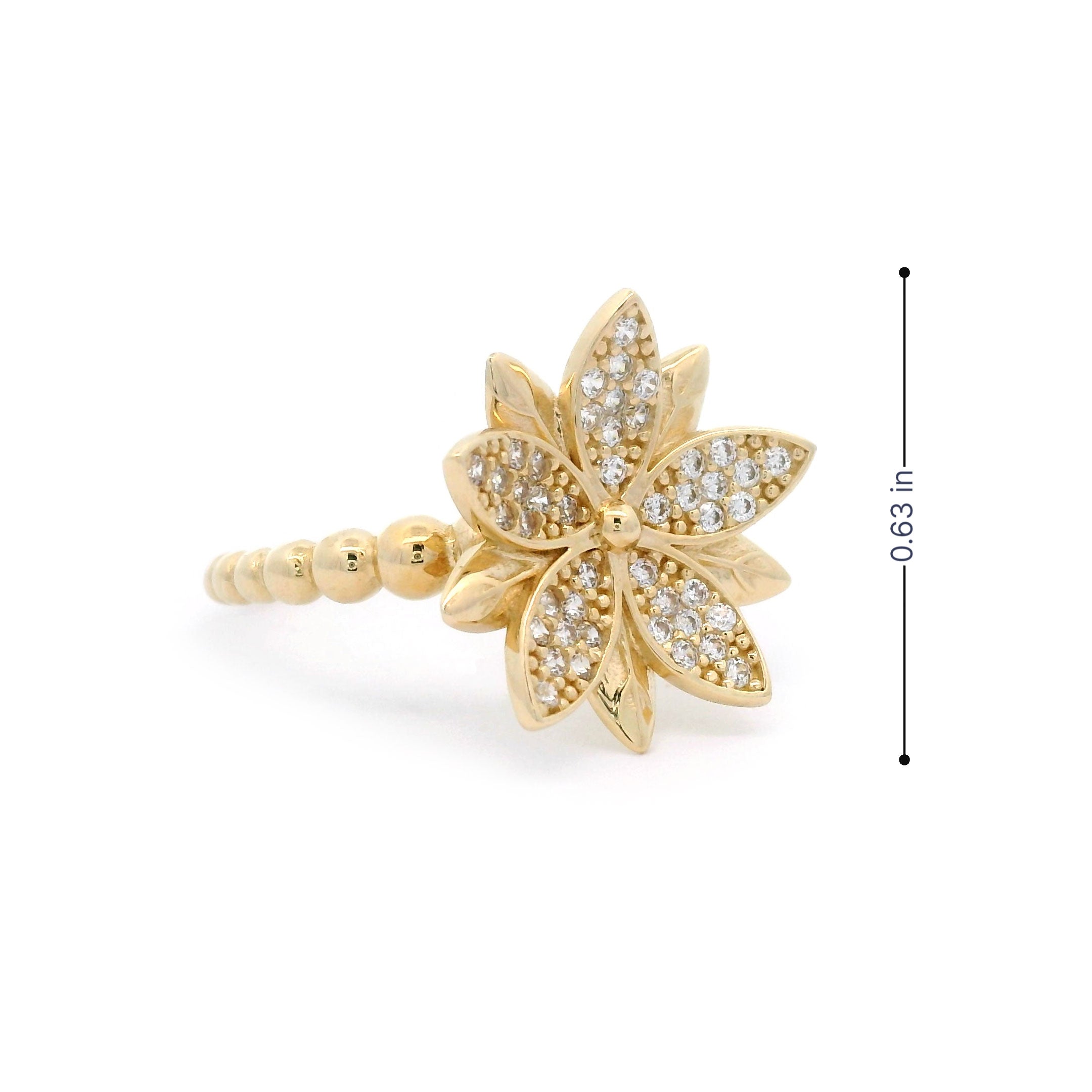14k CZ Flower Ring with Ball Band Side 0.63"