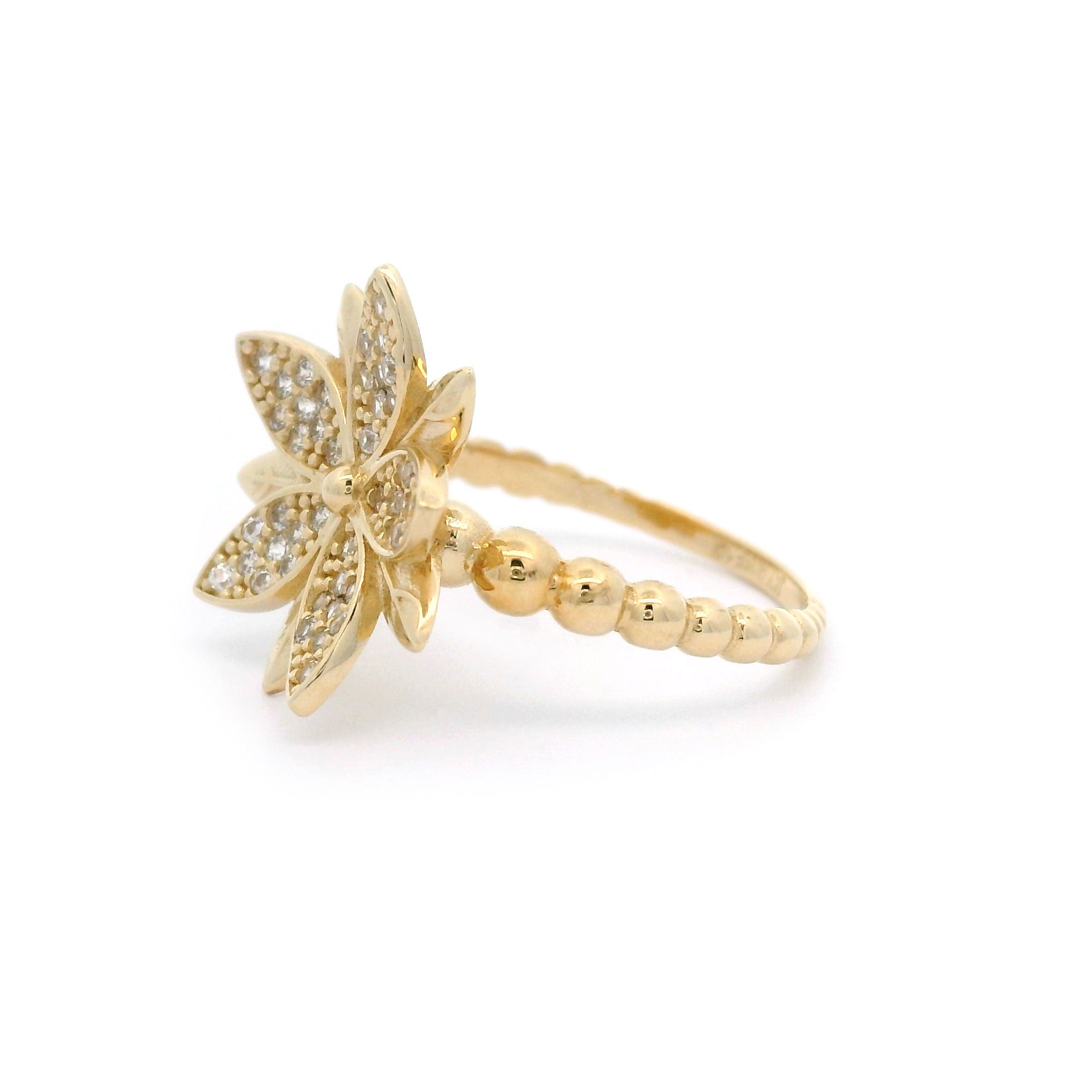 14k CZ Flower Ring with Ball Band Side