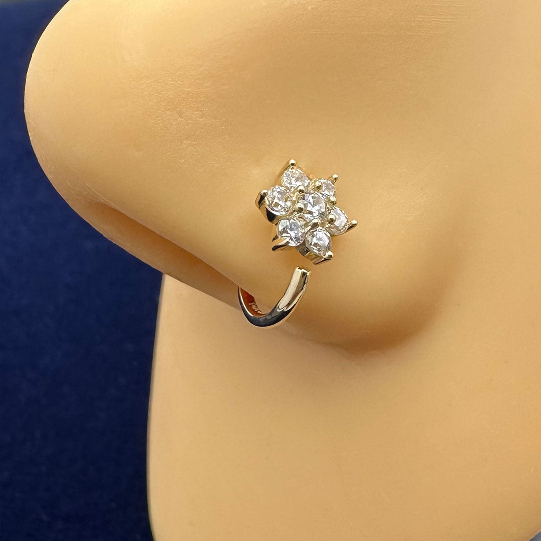 14k CZ Flower Cluster Nose Hoop 18G