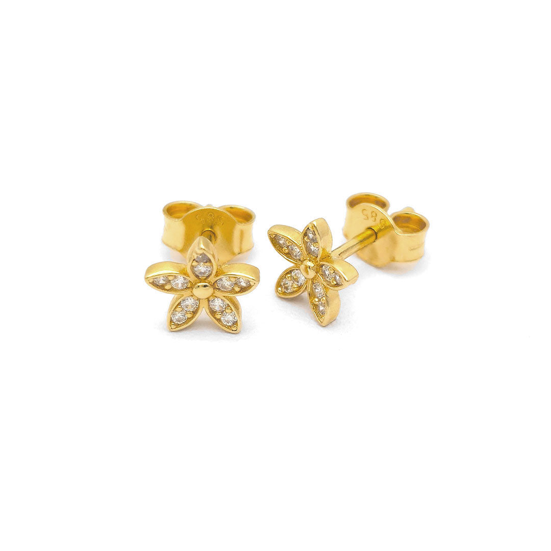 14k CZ Five Petal Flower Stud Earrings Side