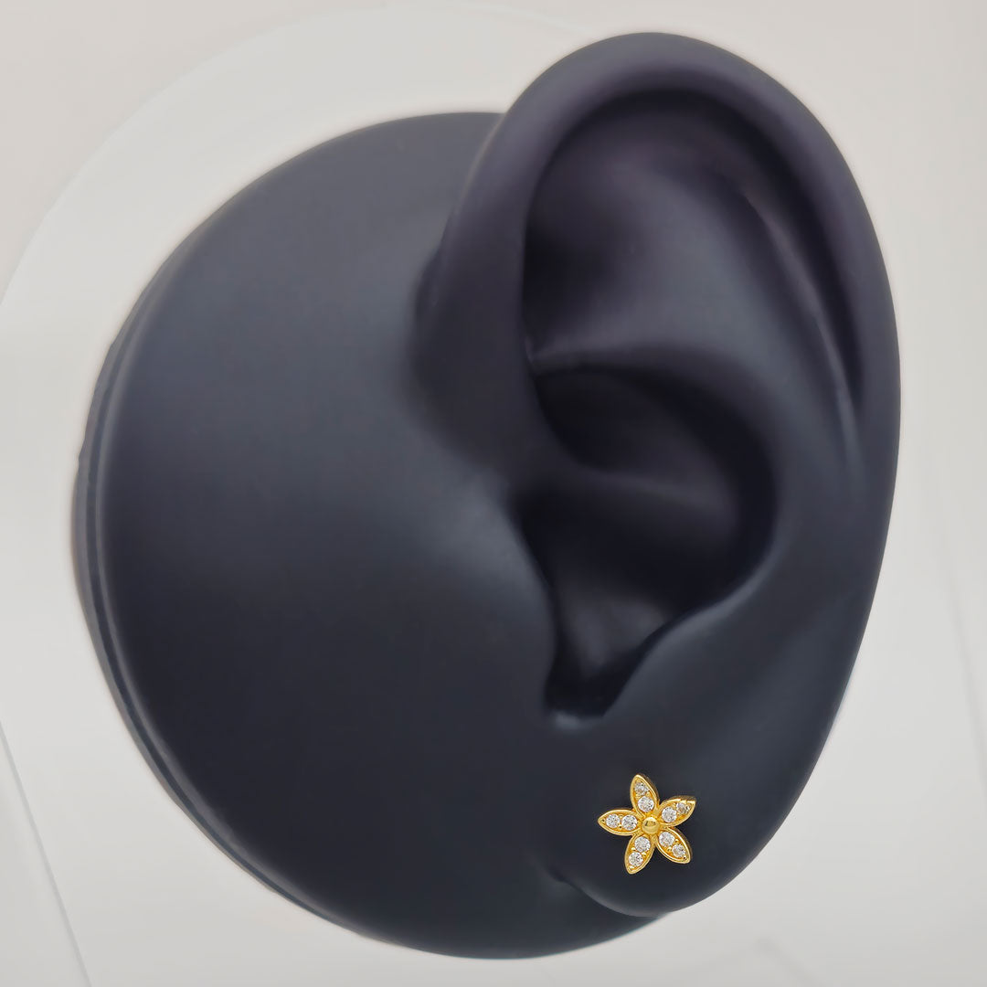 14k CZ Five Petal Flower Stud Earrings on Ear Display
