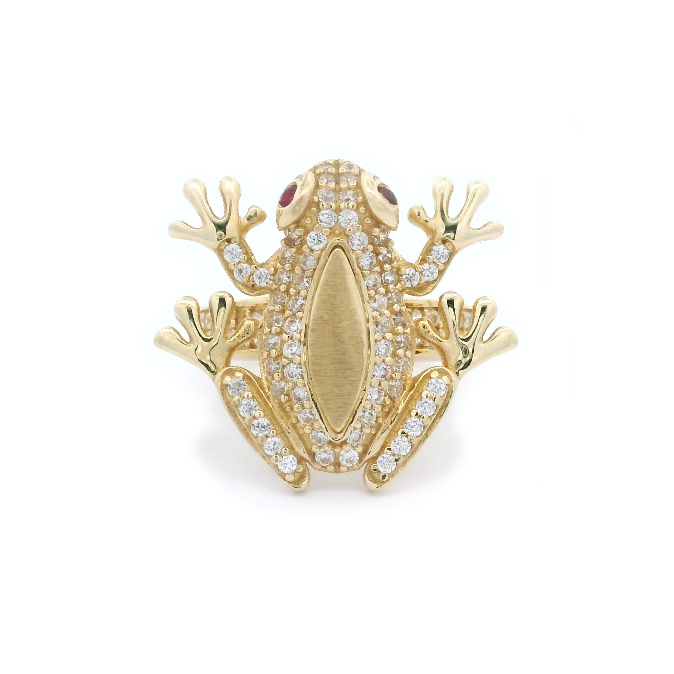 10k Yellow Gold CZ Frog with Red Eyes Ring