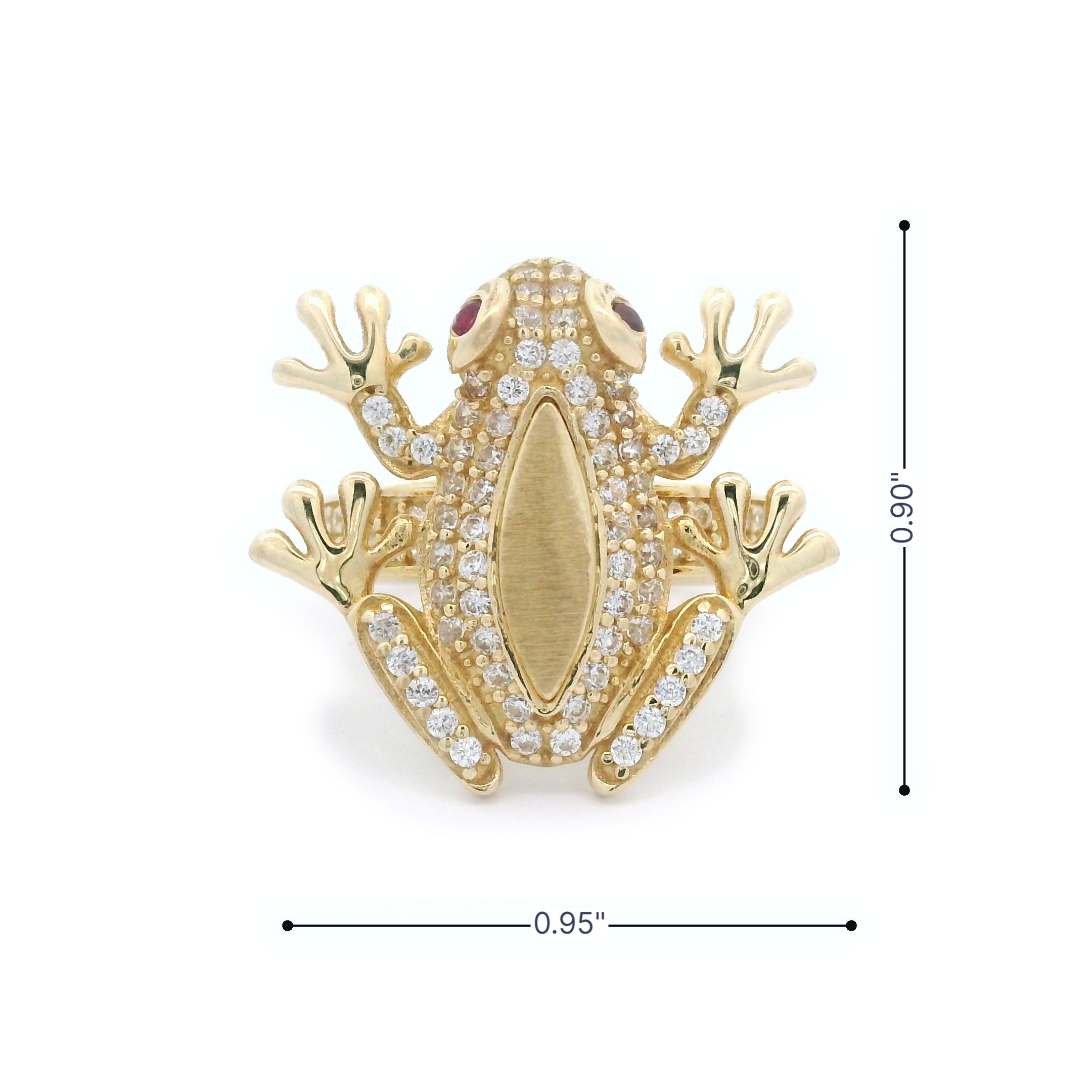 10k Yellow Gold CZ Frog with Red Eyes Ring Size 0.90" x 0.95"